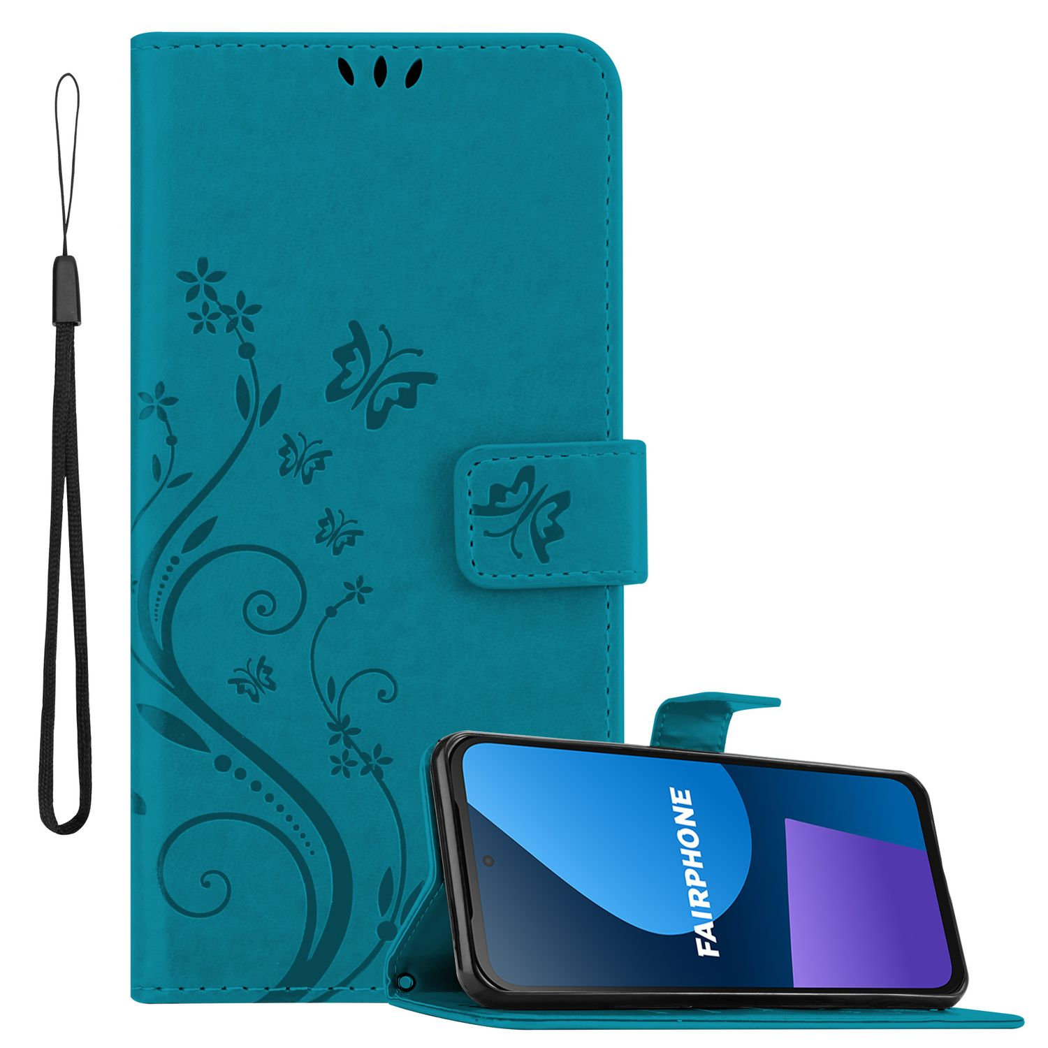 Türkisfarbene Handyhülle mit Blumendesign und Schmetterlingen. Telefon mit FAIRPHONE-Text.