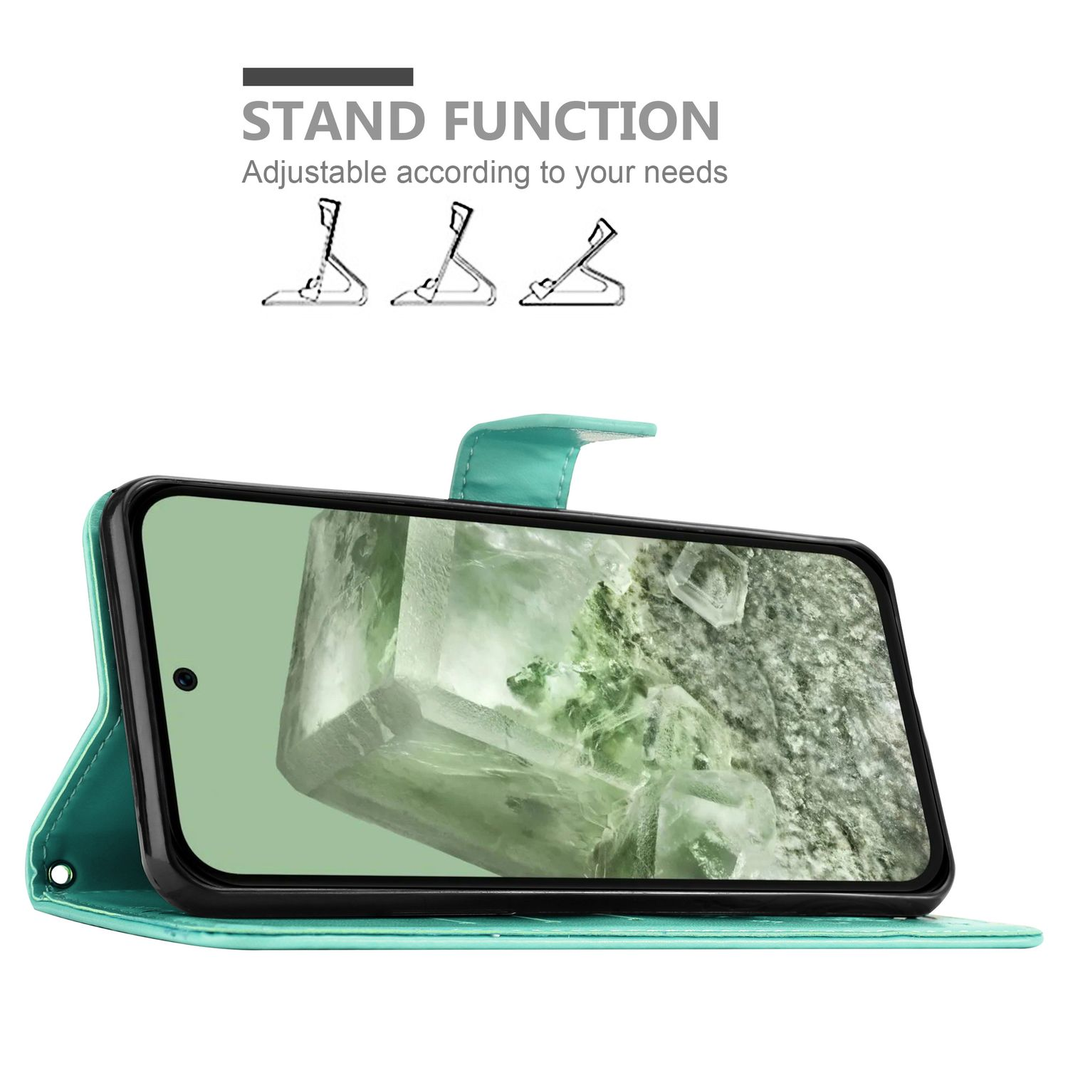 Türkis Handyhülle mit Telefon, zeigt Kristallbild, mit Ständerfunktion.