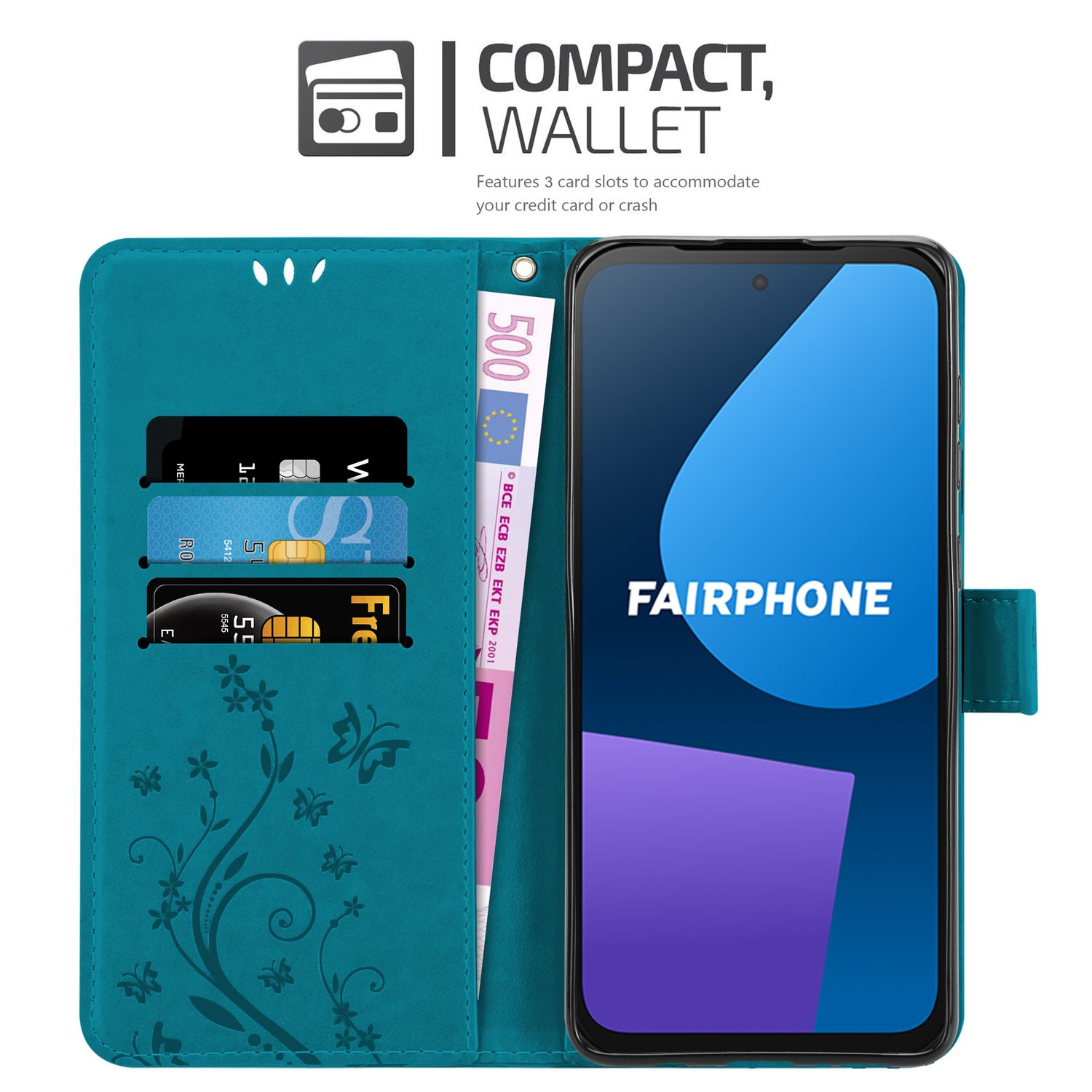 Eine türkisfarbene Handyhülle mit Karten, Geld und einem Telefon mit 'FAIRPHONE' auf dem Bildschirm. Text: 'KOMPAKT, GELDBÖRSE'.