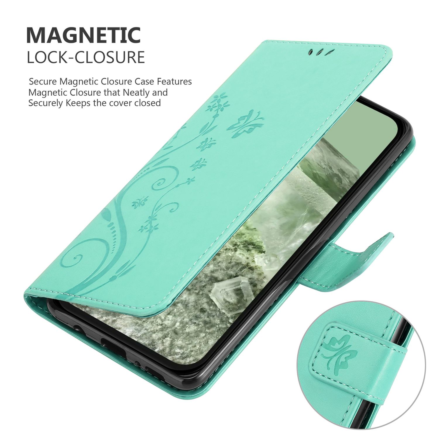 Eine teal-farbene Handyhülle mit floralem Design. Die Hülle hat einen magnetischen Verschluss.