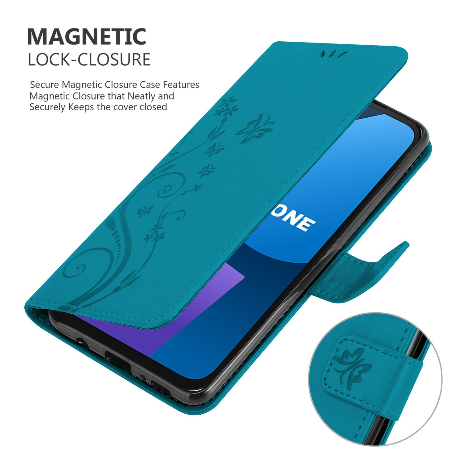Türkisfarbene Handyhülle offen. Zeigt den Telefonbildschirm. Magnetischer Verschluss. Weißer Hintergrund.