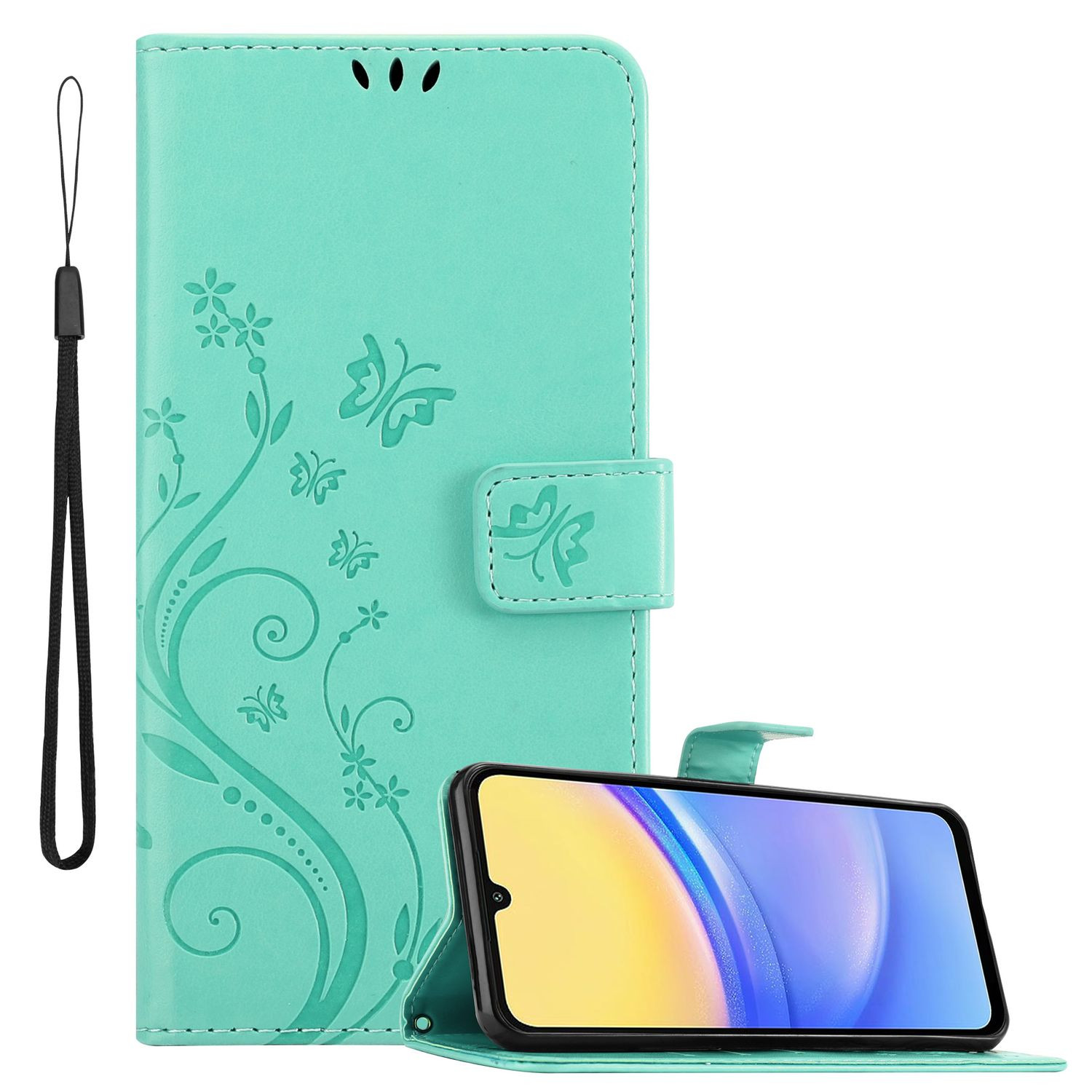 Minzgrüne Handyhülle mit Telefon und Handschlaufe.