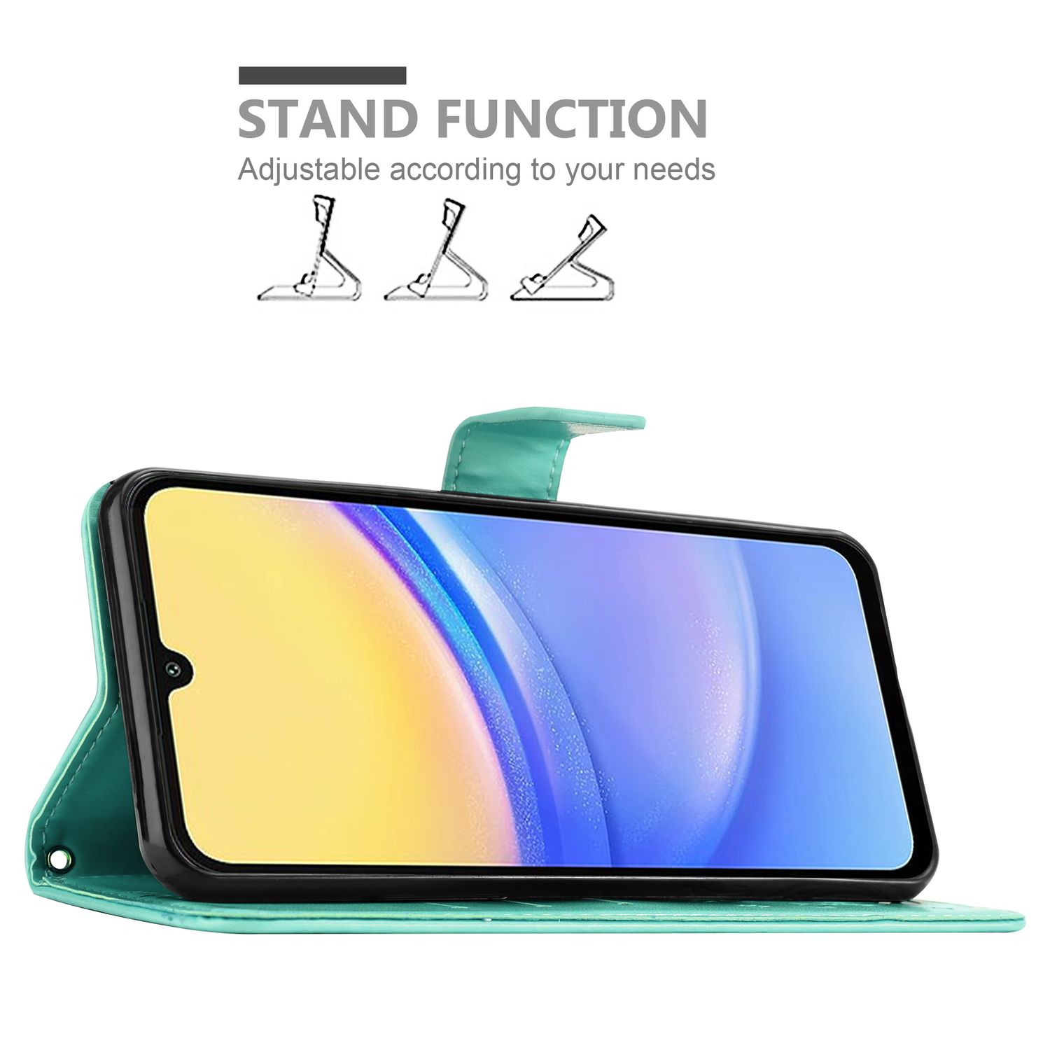 Türkisfarbene Handyhülle offen, mit Telefon, das einen Bildschirm zeigt. Die Hülle hat eine Ständerfunktion.