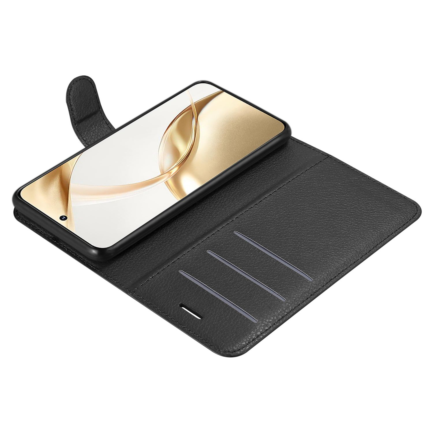 Eine schwarze Handyhülle offen, ein Handy enthüllend. Mit drei Kartenfächern innen, vor weißem Hintergrund.