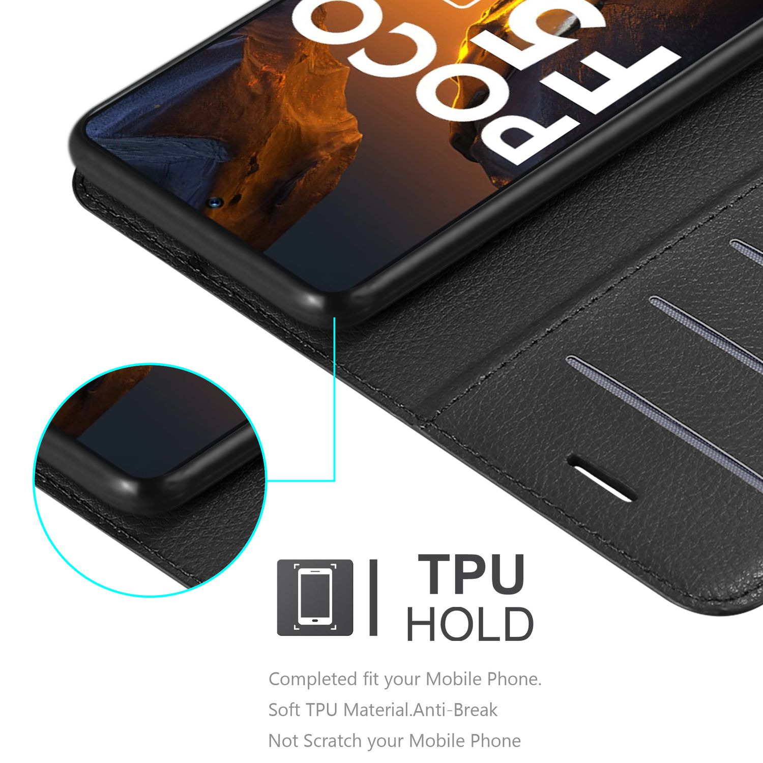 Schwarze Handyhülle offen, Telefon sichtbar, mit TPU-Haltedetails und Textbeschreibung.
