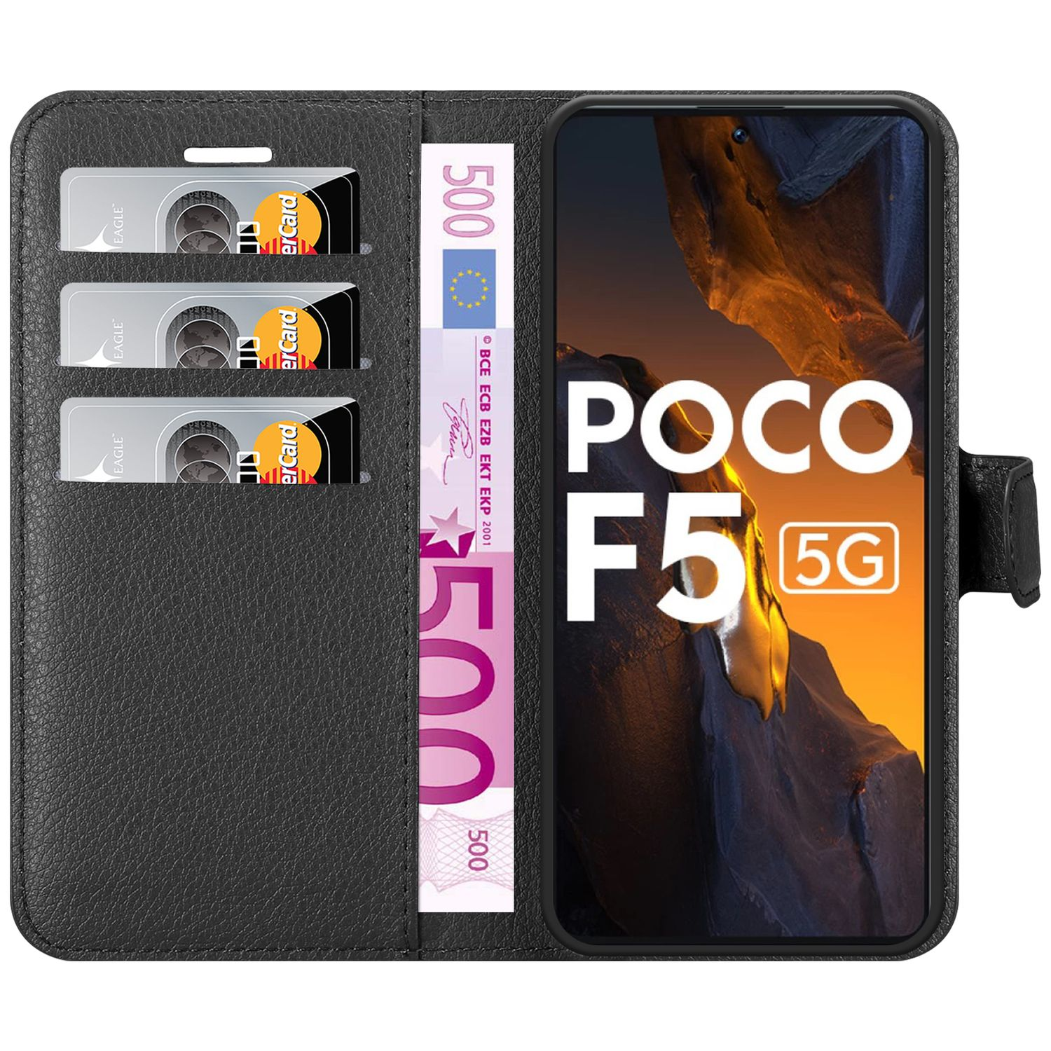 Schwarze Handyhülle. Offen mit Telefon, Kreditkarten und Geld. Text: POCO F5 5G.