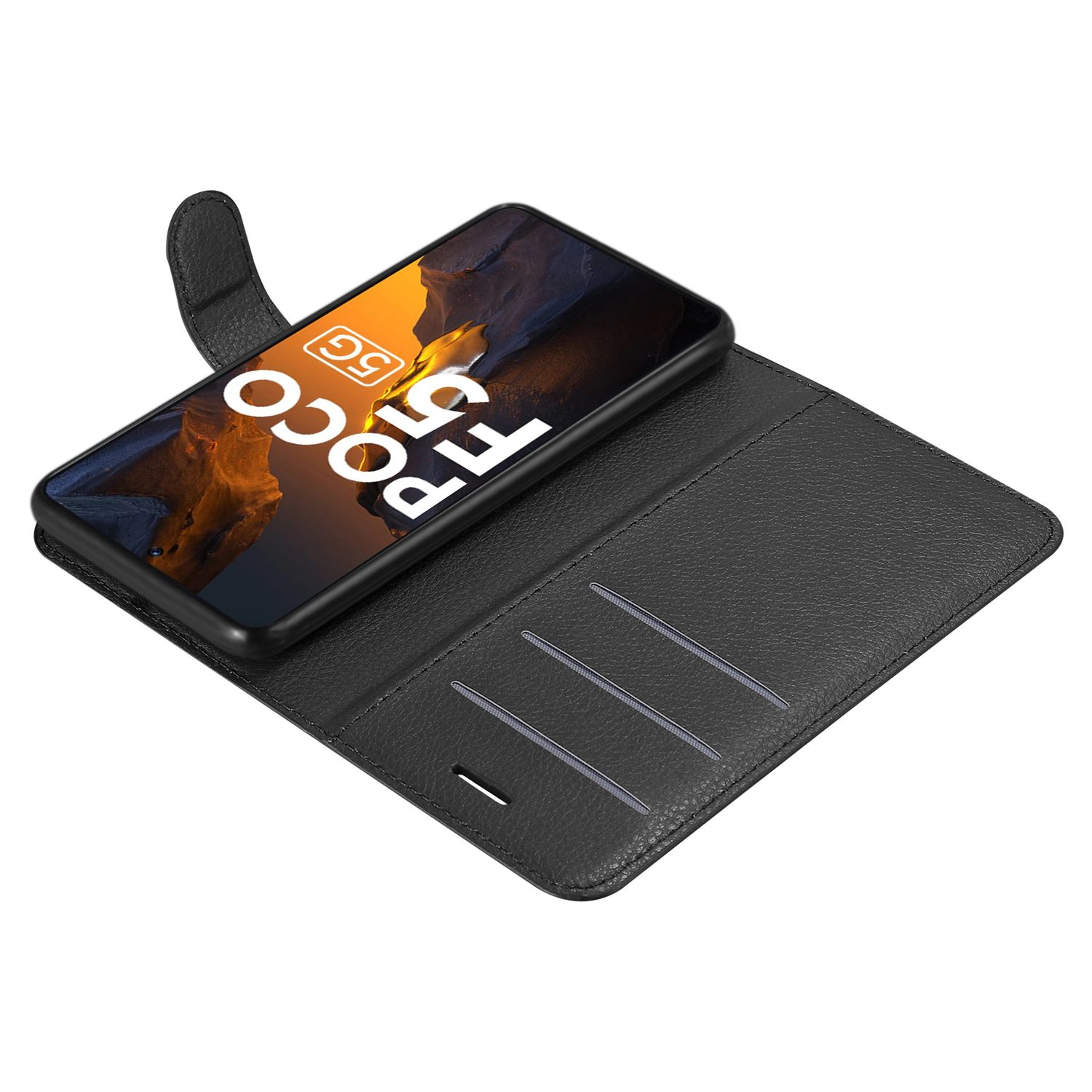 Schwarze Handyhülle, geöffnet, zeigt ein Telefon. Weißer Hintergrund.