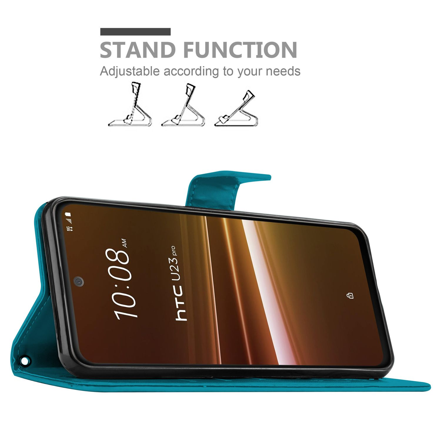 Eine offene Handyhülle mit tealfarbenem Cover, das einen Telefonbildschirm mit Uhrzeit und Symbol zeigt.