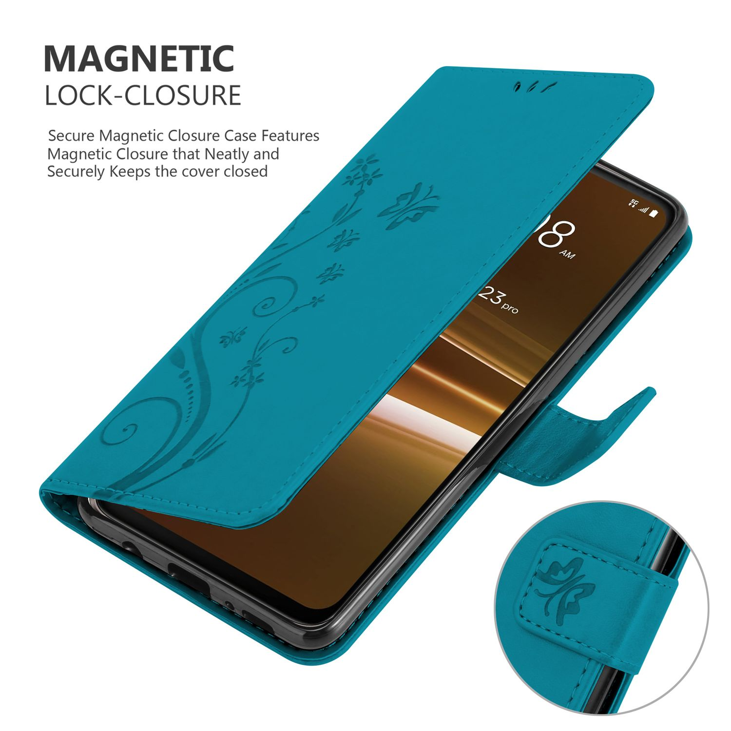 Türkisfarbene Handyhülle mit Telefon, offen, Design und Magnetverschluss zeigend.