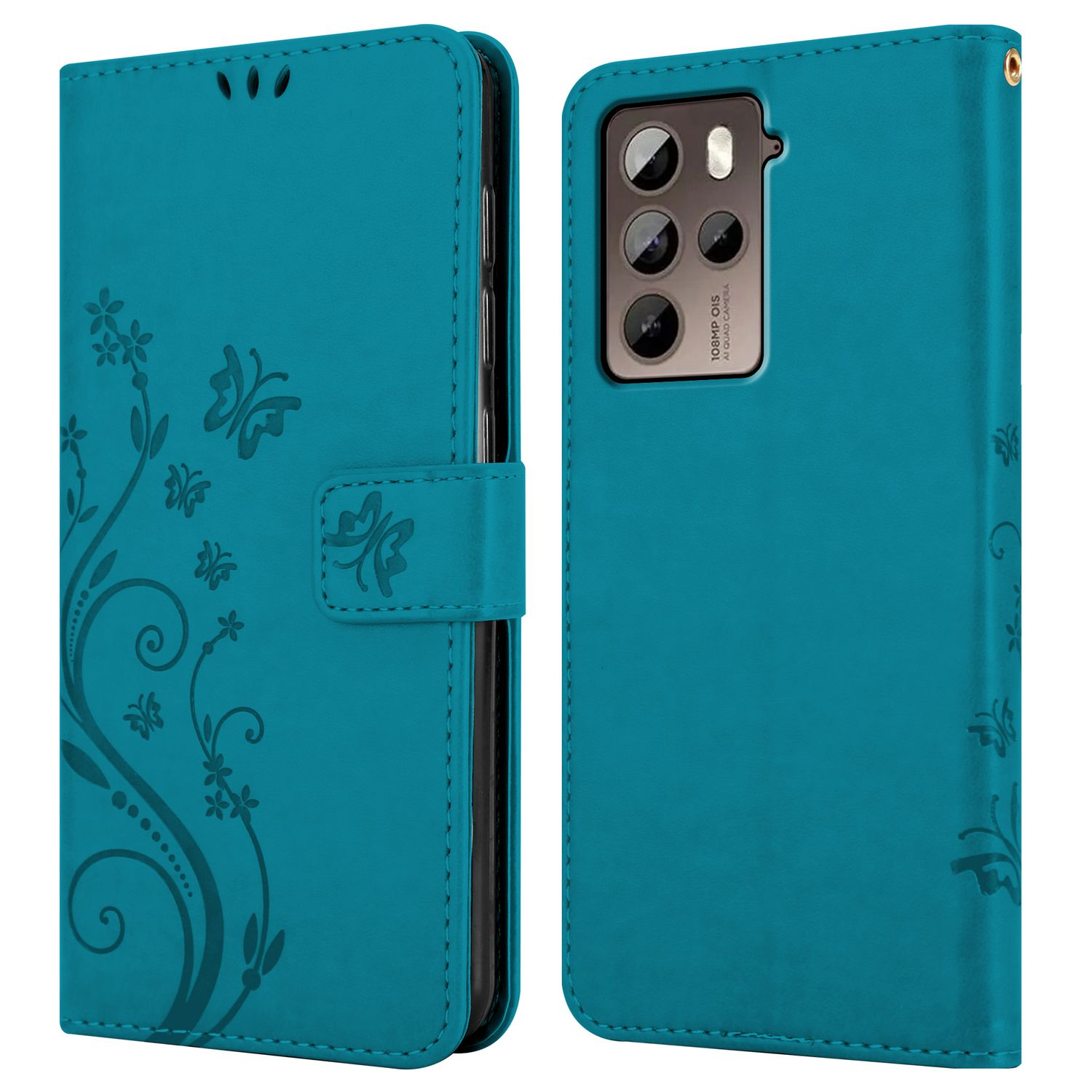 Türkisfarbene Handyhülle, geöffnet, um das Telefon zu zeigen. Blumendesign links, Kameraausschnitte rechts.