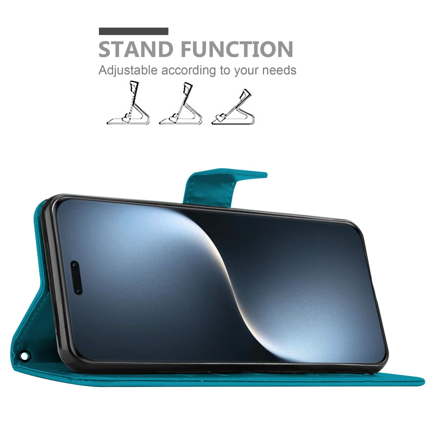 Türkisfarbene Handyhülle mit Telefon, auf weißem Hintergrund. Text: 'Standfunktion'.
