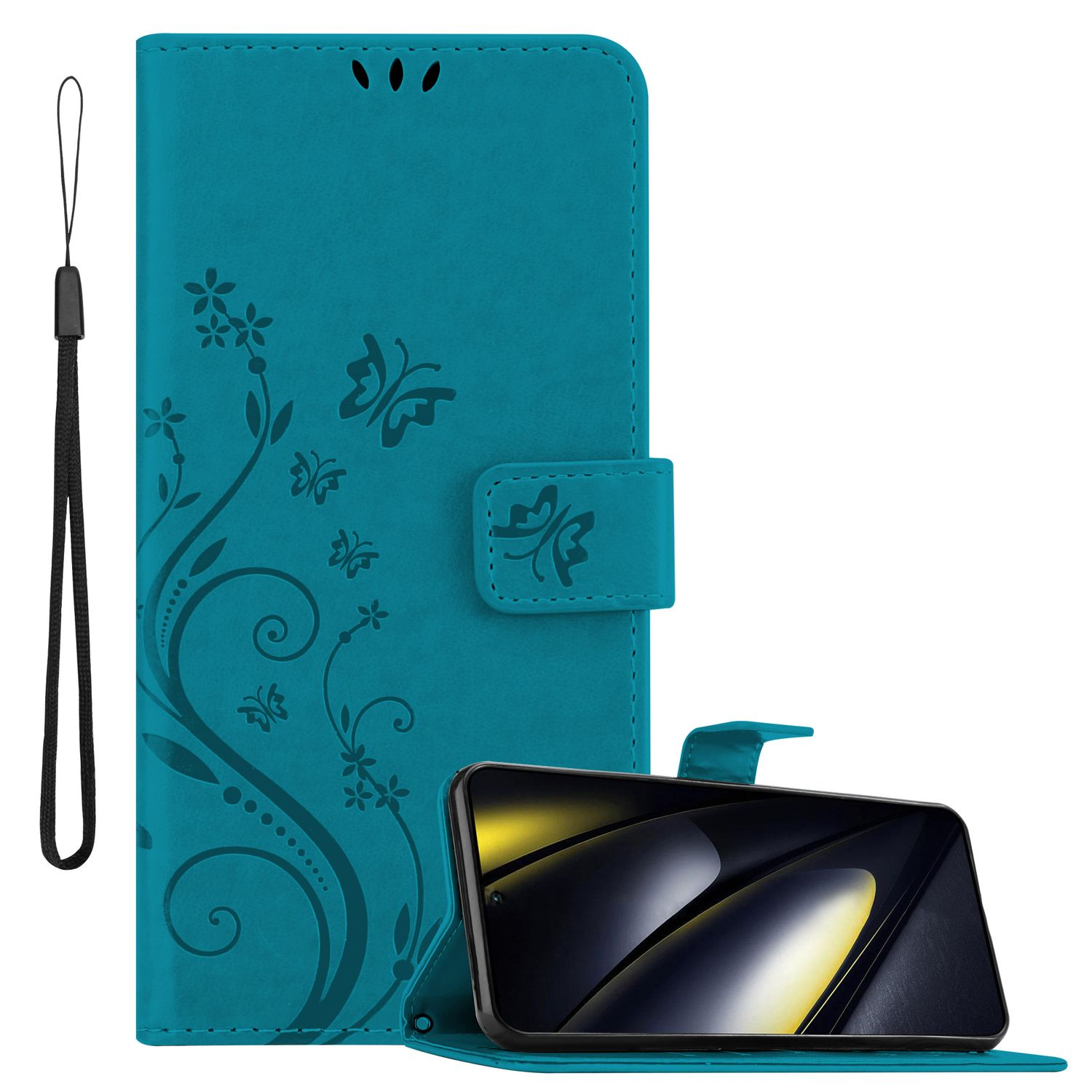 Türkisfarbene Handyhülle mit Schmetterlingsdesign, Telefon innen und Handschlaufe.