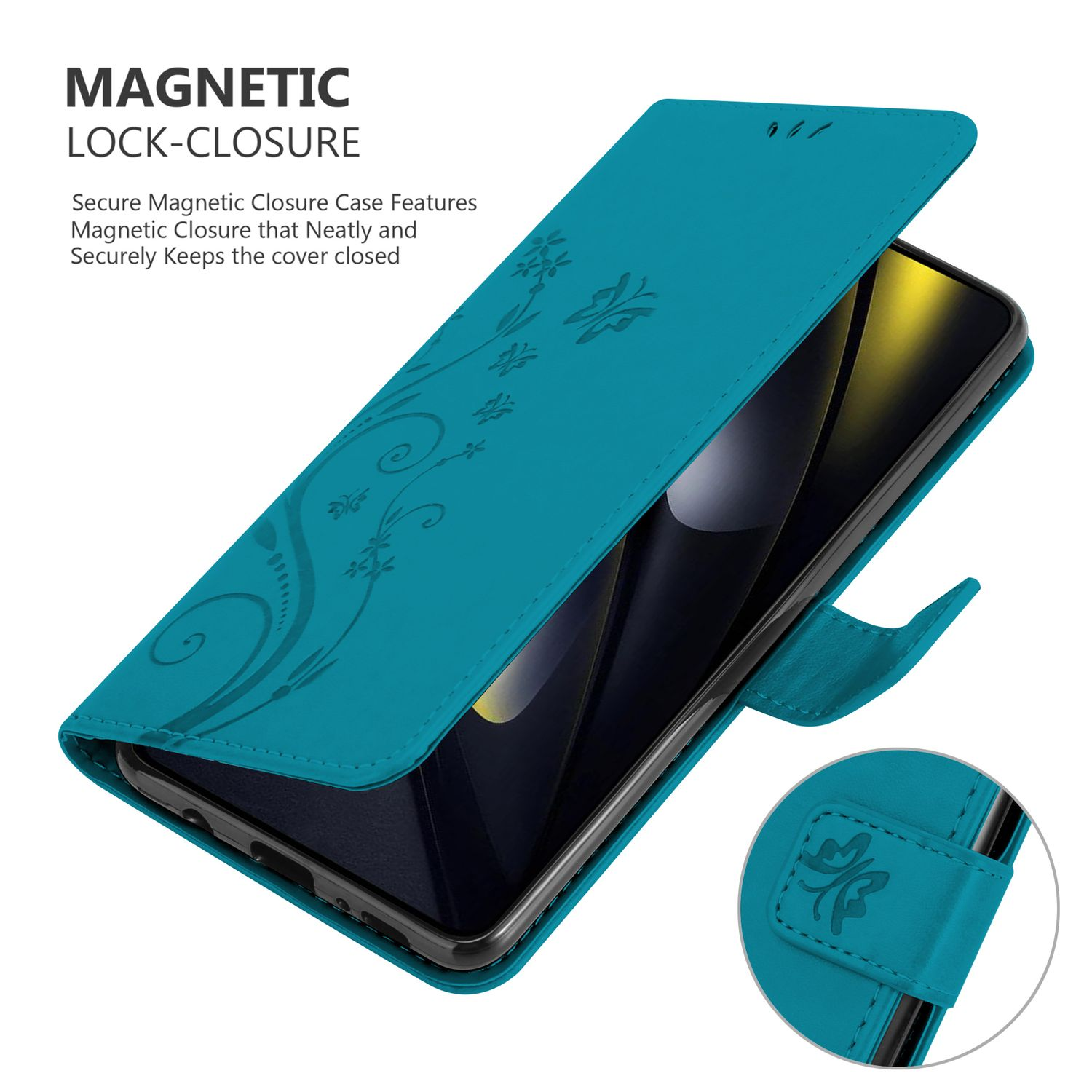 Eine türkisfarbene Handyhülle mit floralem Design, die das Telefon im Inneren zeigt.