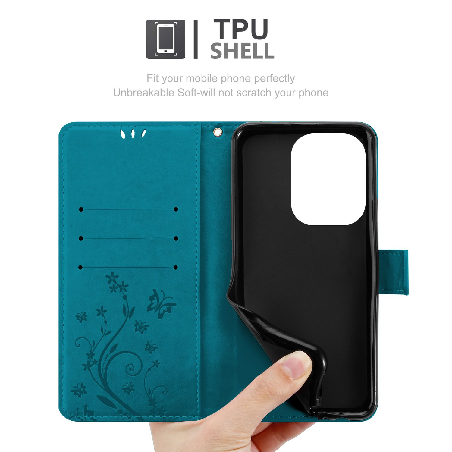 Türkisfarbene Handyhülle, offen. Schwarzes Telefon innen. Blumendesign. Text: TPU SHELL. Passen Sie Ihr Handy perfekt an.