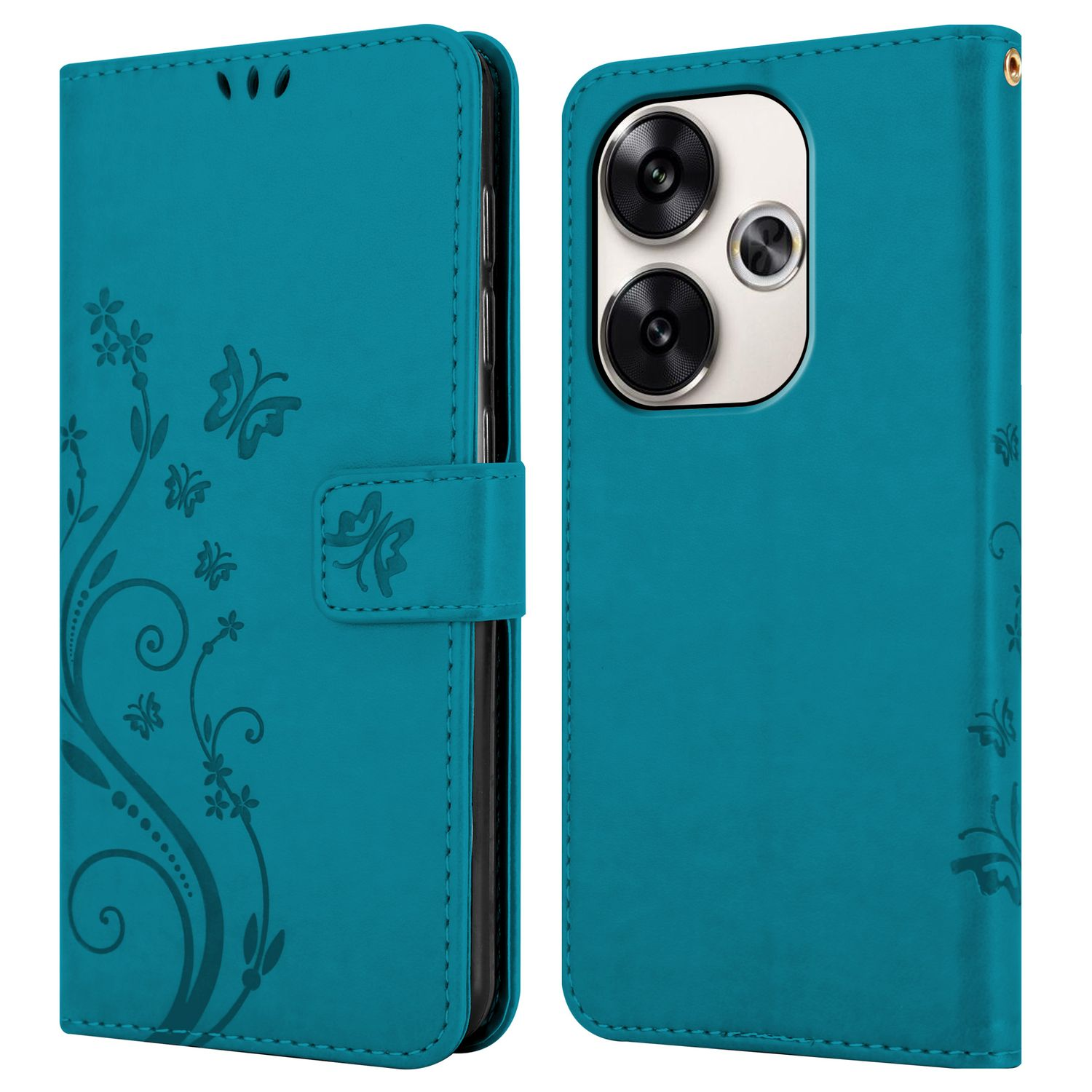 Türkisfarbene Handyhülle mit Blumen- und Schmetterlingsdesign. Geöffnet mit Telefon rechts.