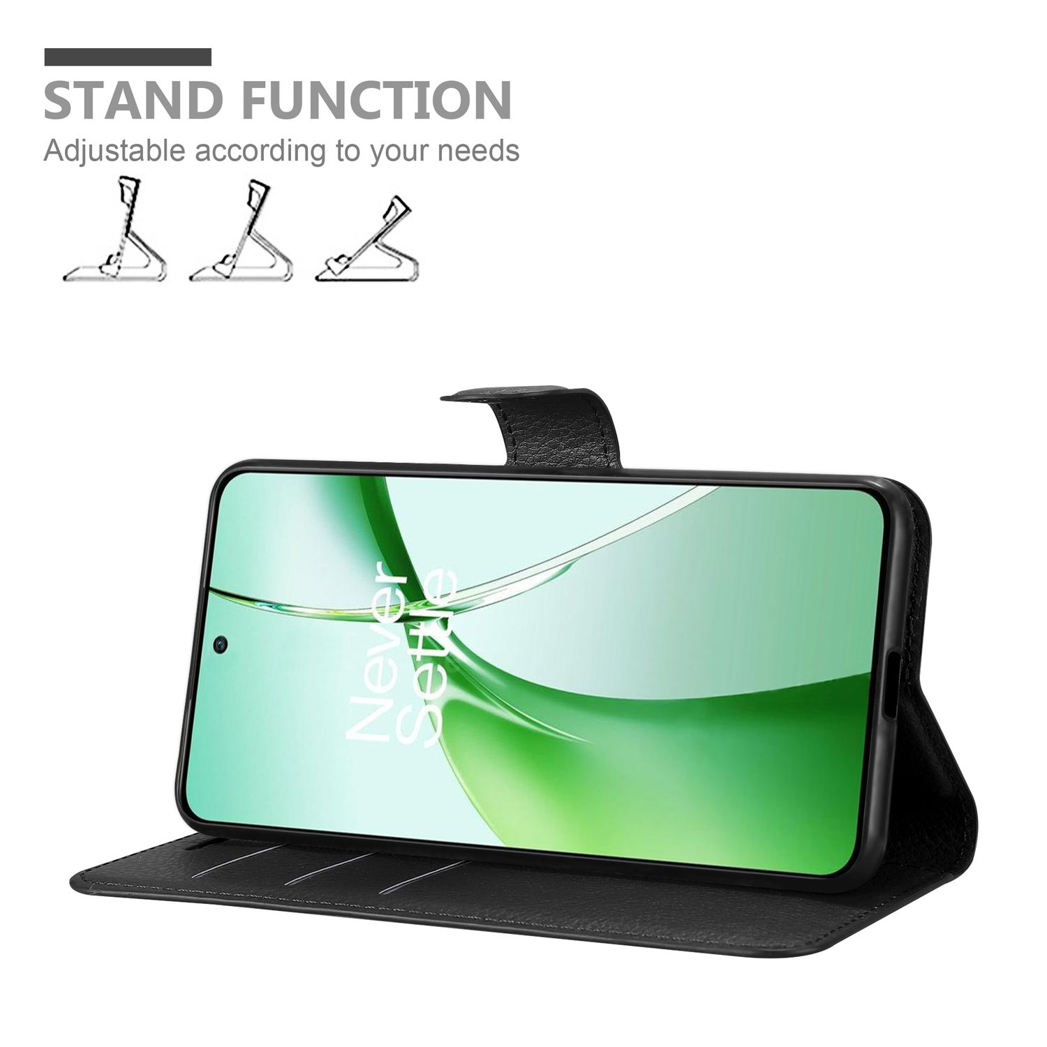 Schwarze Handyhülle mit Telefon. Text: Standfunktion. Drei Standdiagramme. Schwarzer Hintergrund.