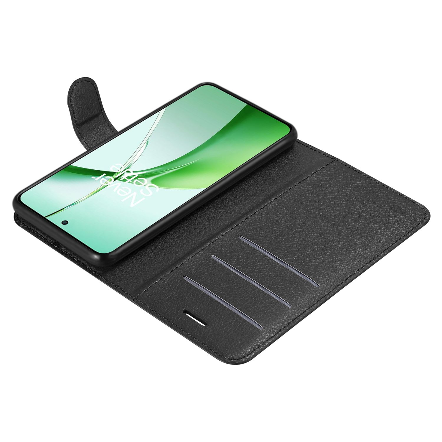 Schwarze Handyhülle, hält ein Telefon. Das Telefon ist offen.