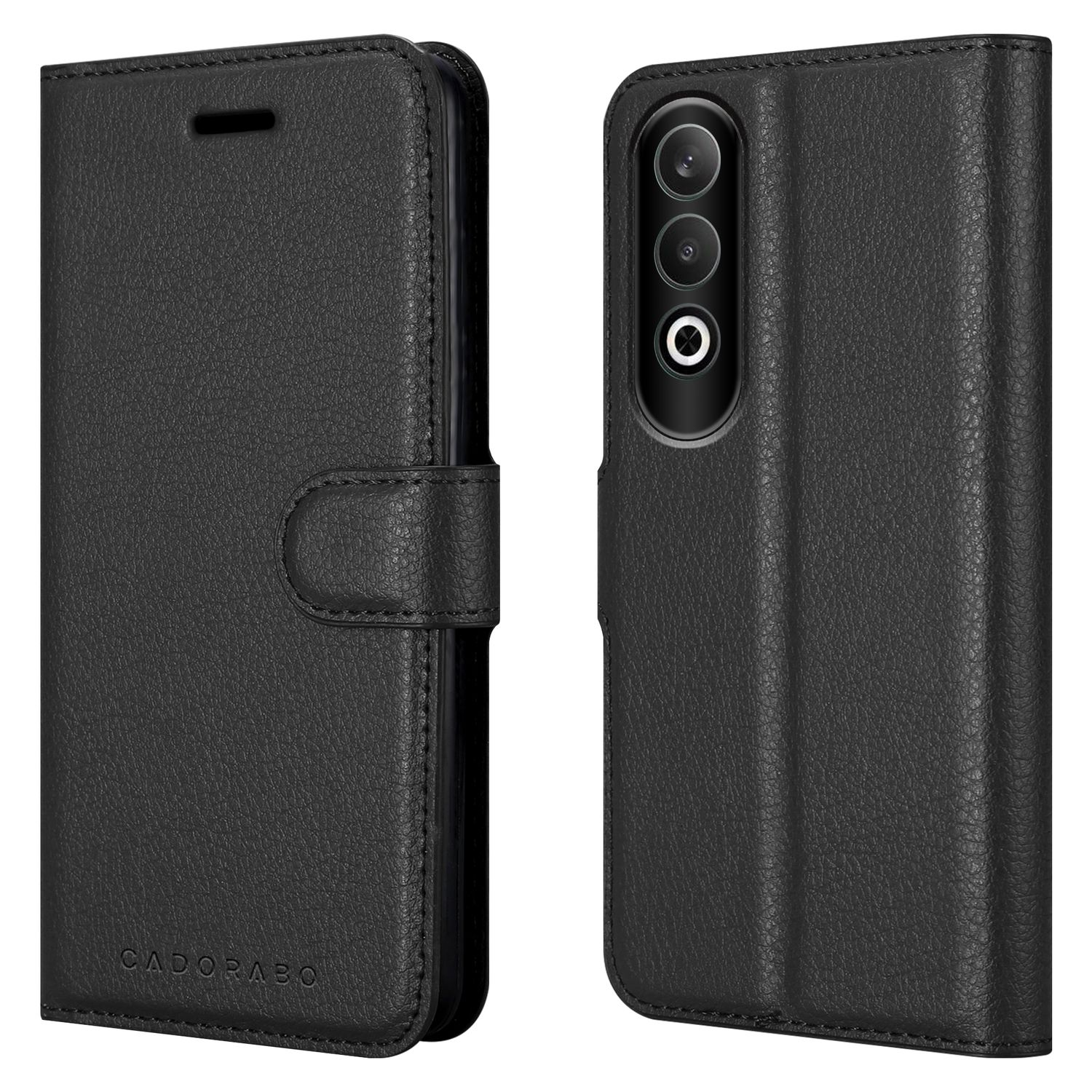 Schwarze Handyhülle mit Geldbörsen-Design. Es hat einen Knopfverschluss und ein Telefon darin.
