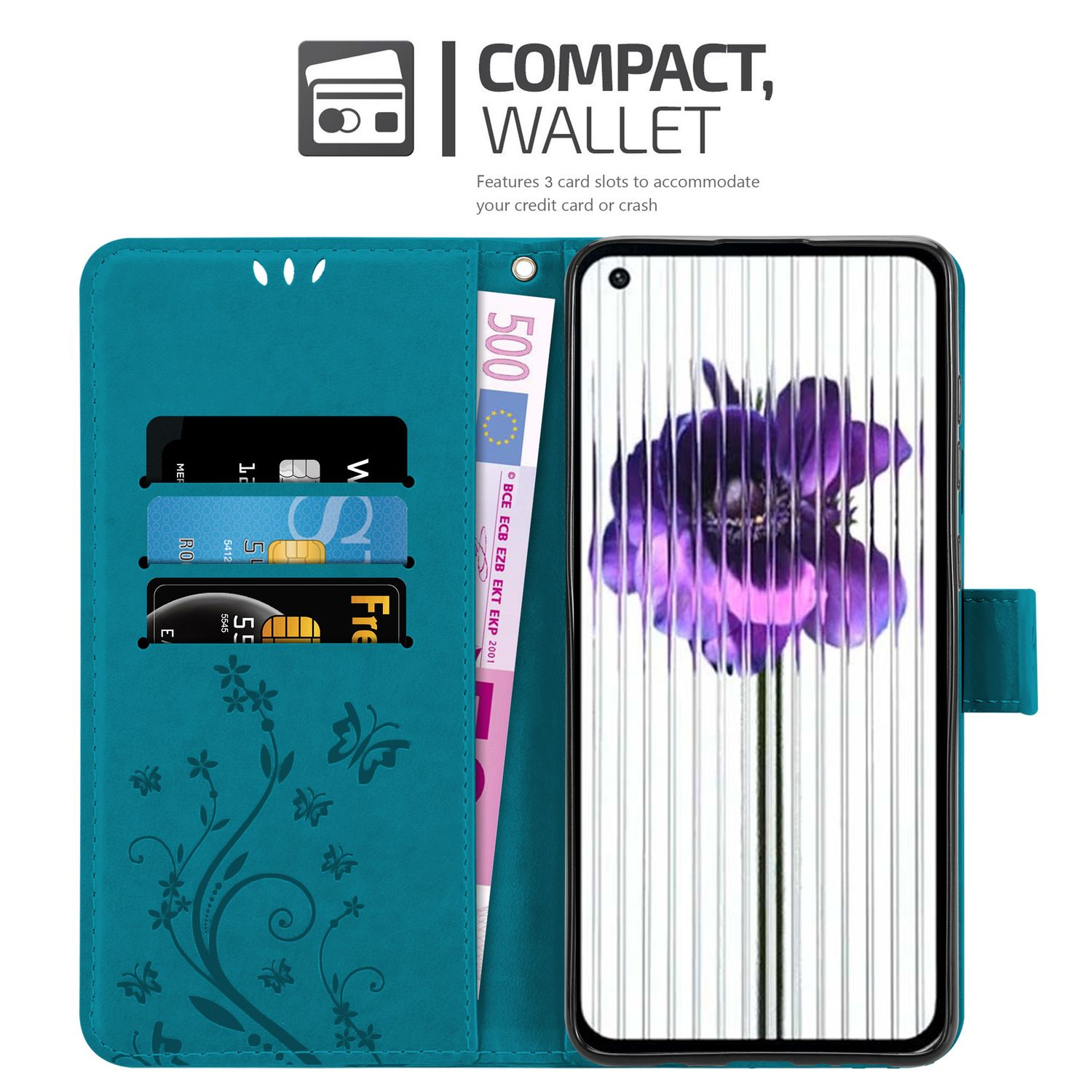 Eine türkisfarbene Geldbörsenhülle mit Kartenfächern und Geldfach, zeigt einen Handy-Bildschirm mit Blumendesign.