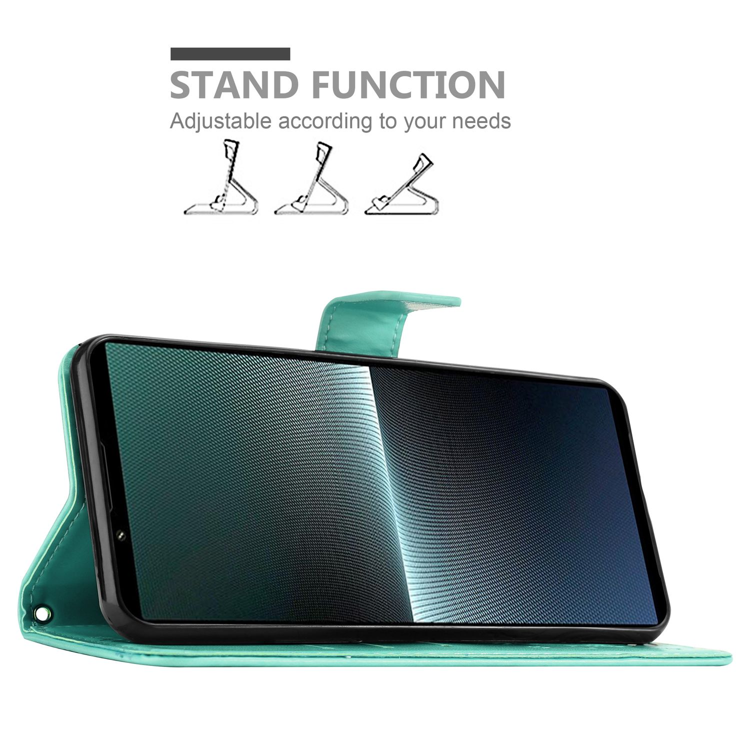 Eine offene Handyhülle mit tealfarbenem Cover, die einen Telefonbildschirm mit Wellenmuster zeigt.