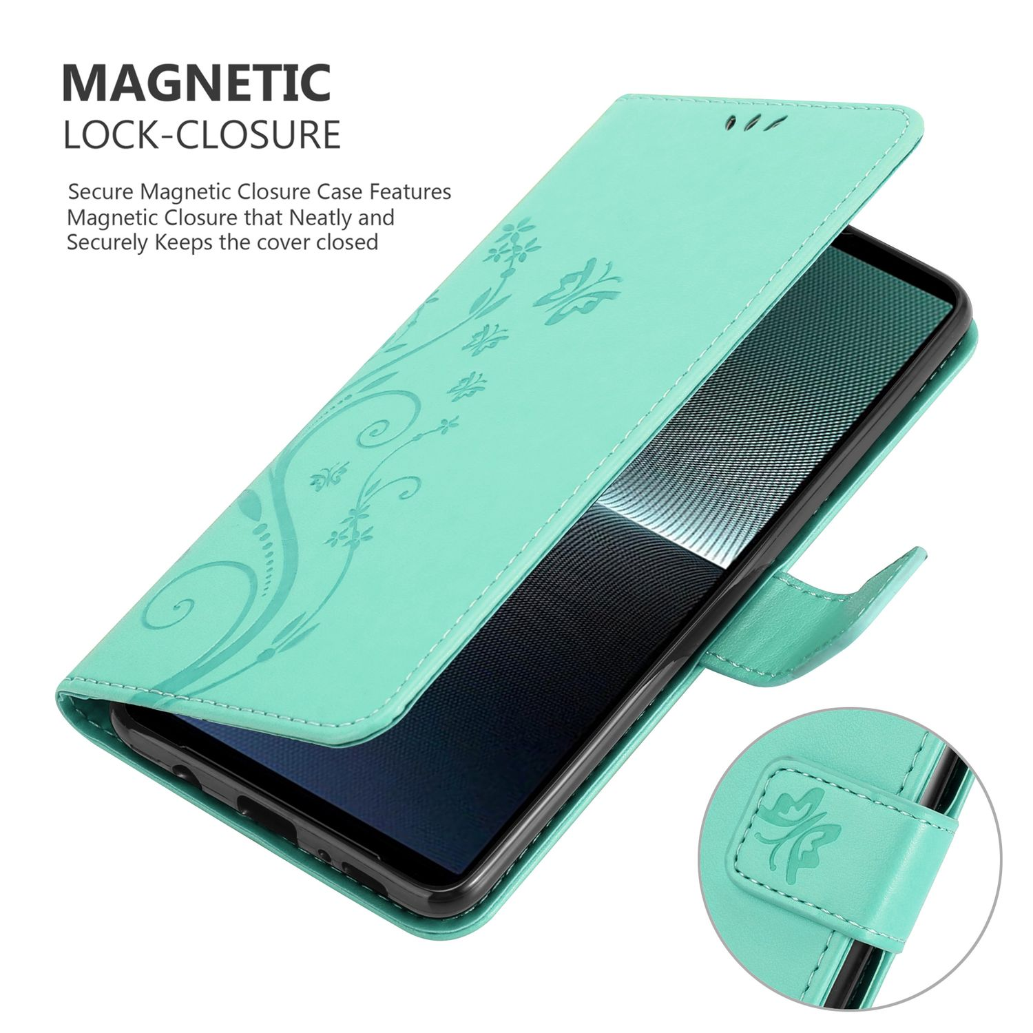 Türkisfarbene Handyhülle mit floralem Design, offen, zeigt ein Telefon. Magnetverschlussdetails sind sichtbar.