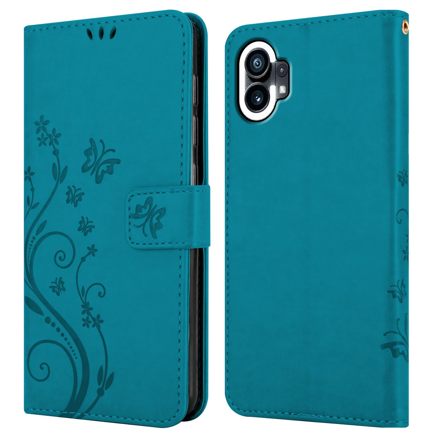Türkisfarbene Handyhülle mit Blumen- und Schmetterlingsmuster. Aussparungen für Dual-Kamera.