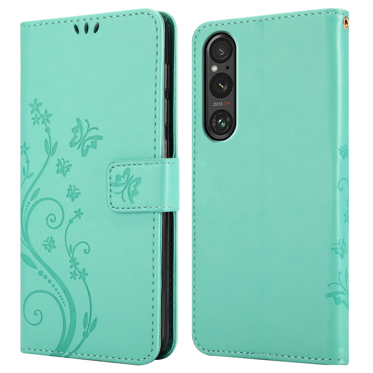 Minzgrüne Handyhülle geöffnet, zeigt ein Telefon. Die Hülle hat ein Blumen- und Schmetterlingsdesign.