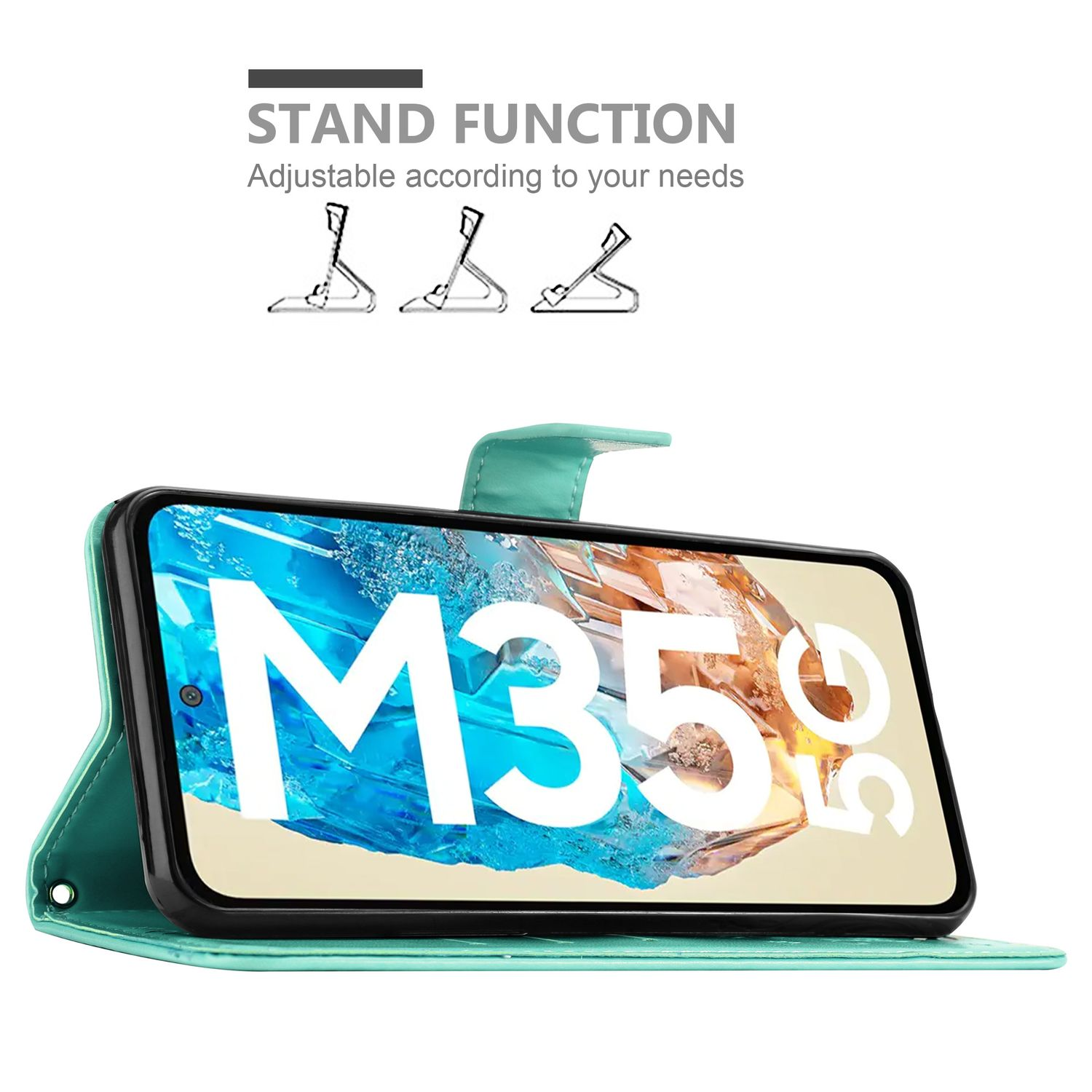 Türkisfarbene Handyhülle mit Telefon, zeigt M35G-Bildschirm und Standfunktion.