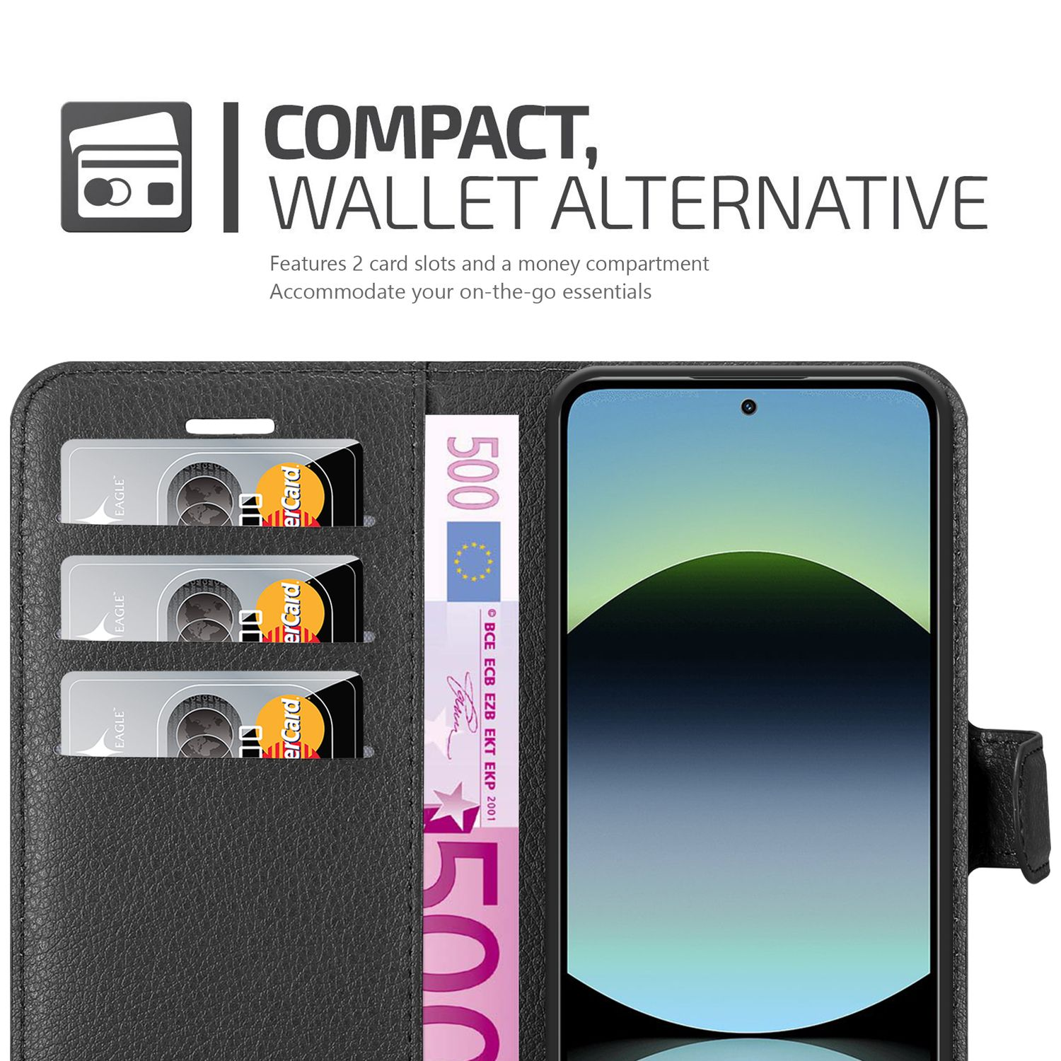 Schwarze Wallet-Alternative-Handyhülle mit Karten, Bargeld und Telefon. Bietet 2 Kartenfächer.