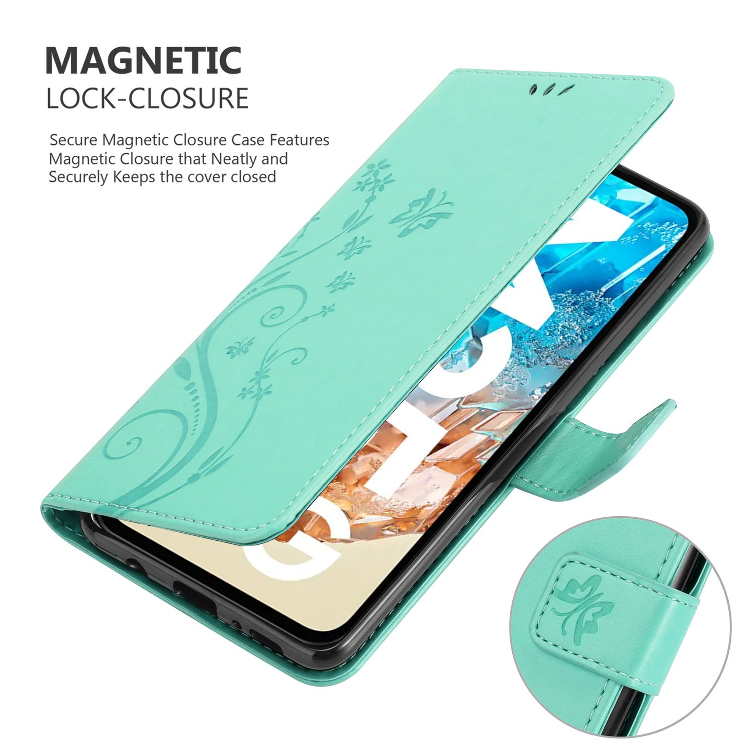 Eine türkisgrüne Handyhülle ist geöffnet und zeigt einen Telefonbildschirm. Die Hülle hat ein Blumendesign und einen Magnetverschluss.