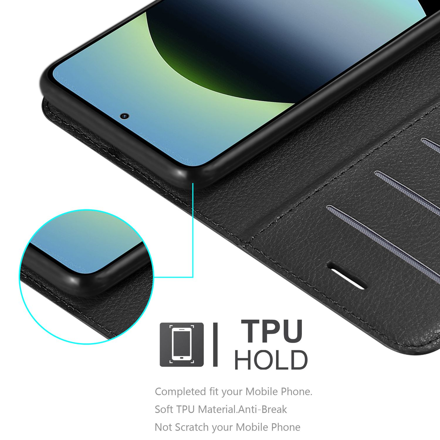 Eine schwarze Handyhülle mit einem Telefon darin. Die Hülle hat Kartenfächer.
