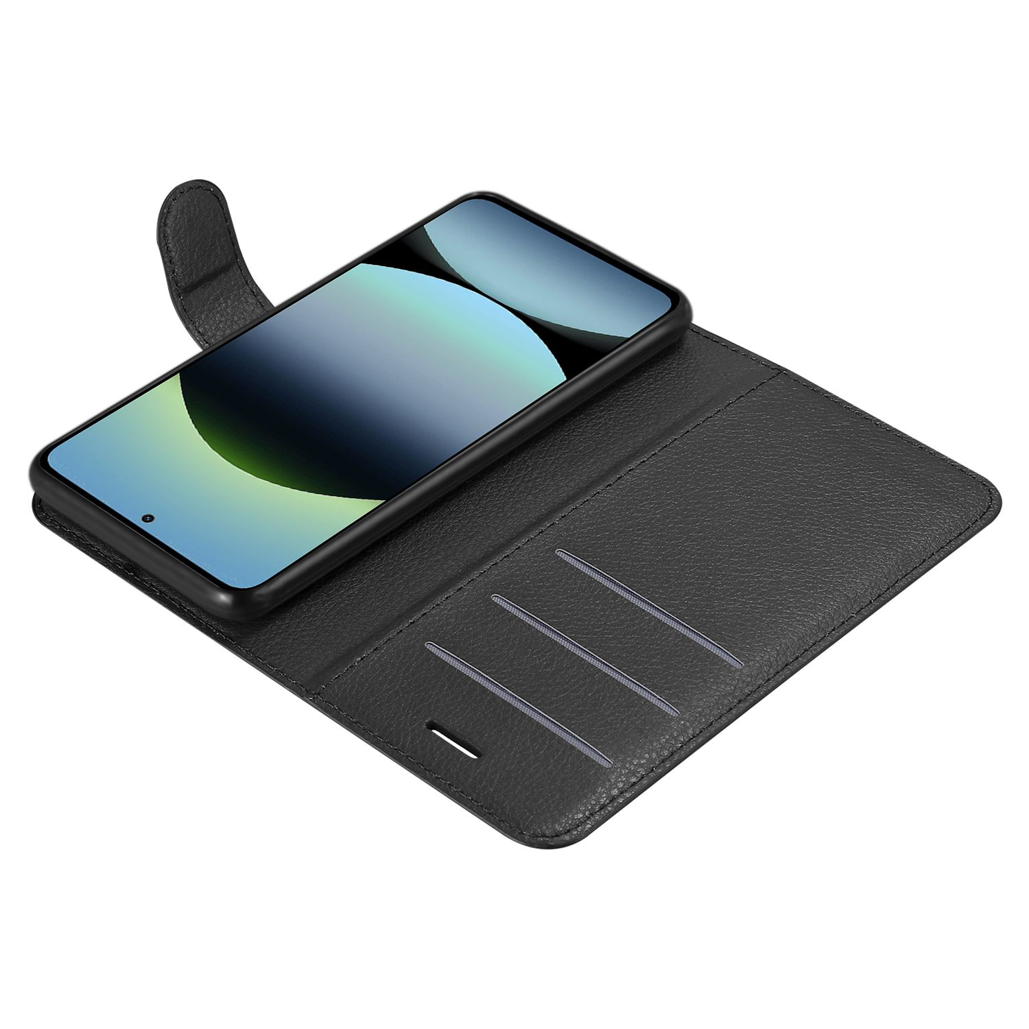 Eine schwarze Handyhülle mit einem Telefon darin, das Telefon und die Innentaschen der Hülle zeigend.