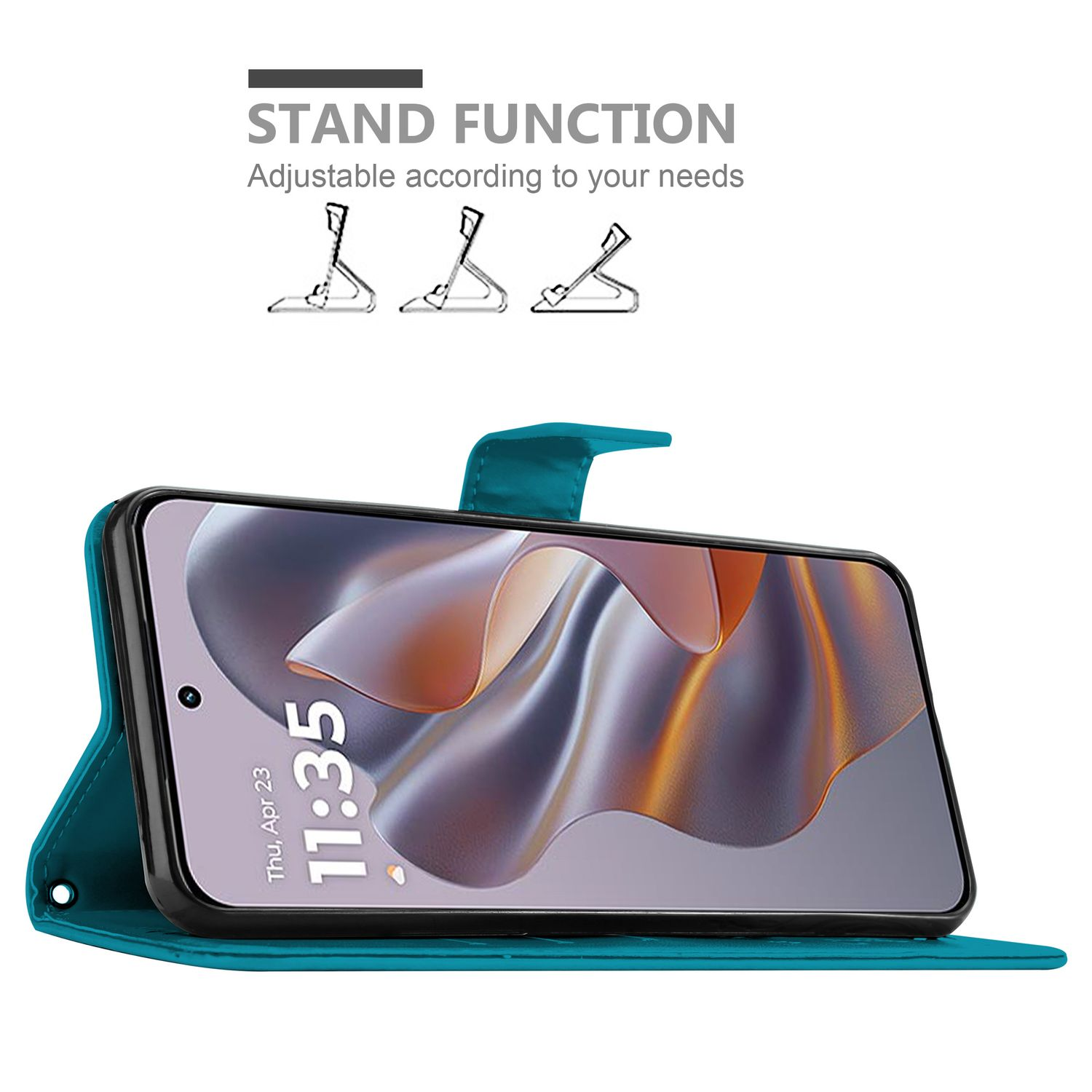 Türkisfarbene Handyhülle mit Telefon darin, zeigt die Uhrzeit. Standfunktion Diagramm.