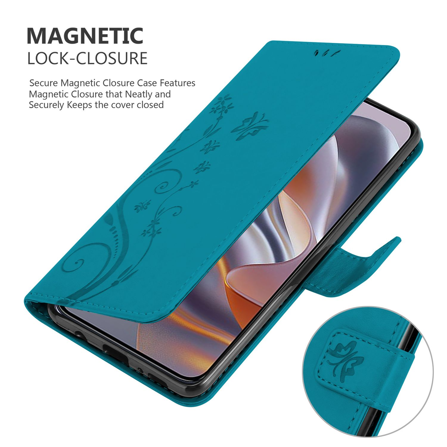 Türkis Handyhülle, offen, florales Design. Magnetverschluss und Telefon sichtbar.