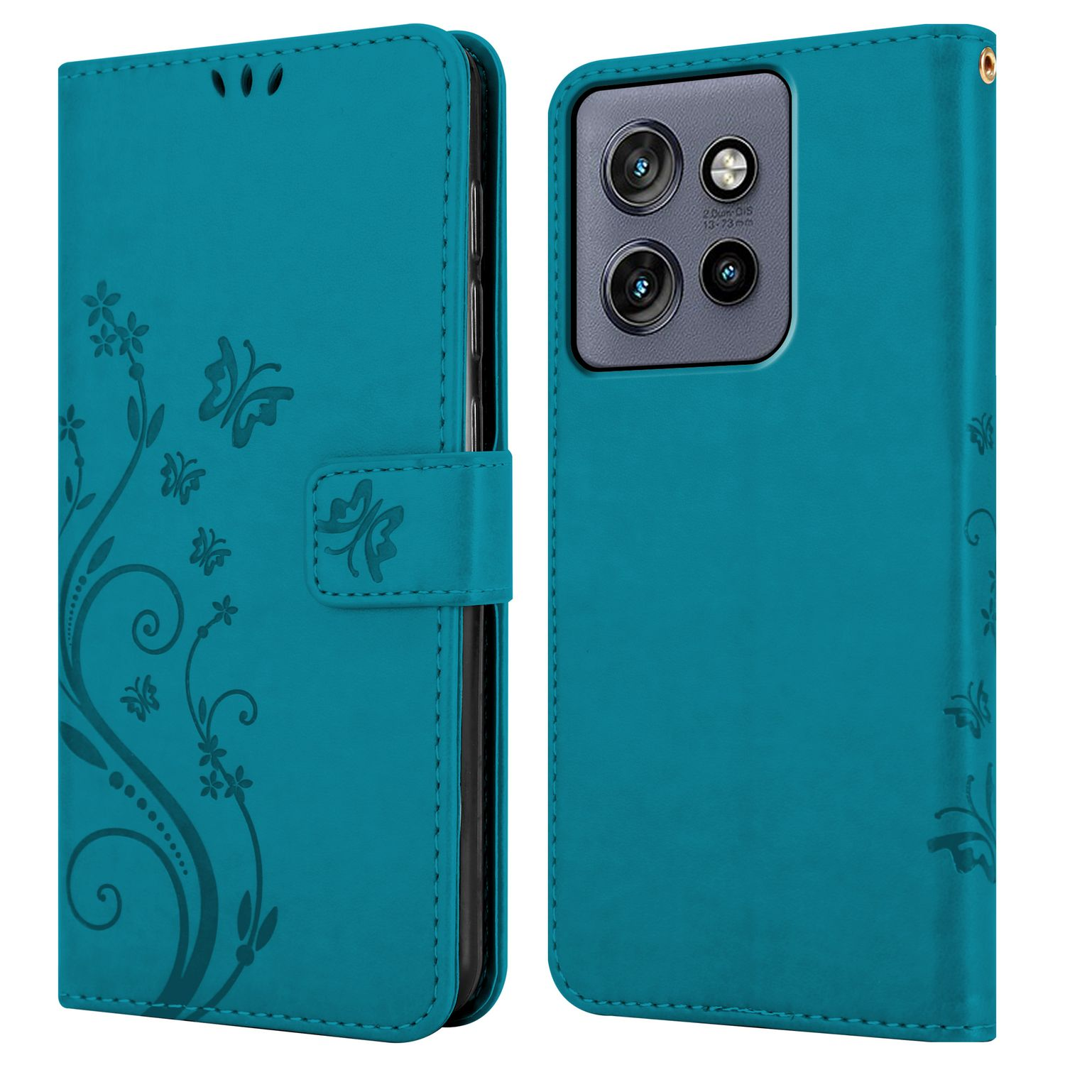 Eine türkisfarbene Handyhülle, offen. Sie hat ein Blumendesign und ein Telefon ist darin. Die Hülle liegt offen.