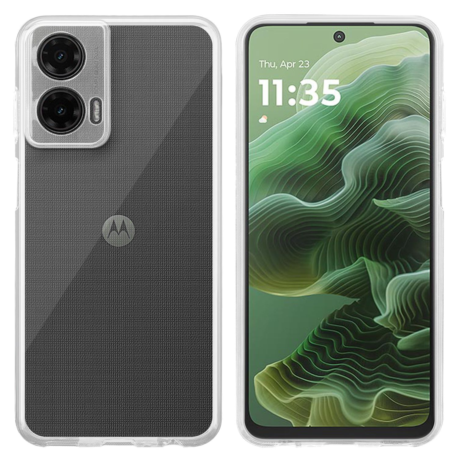 Eine transparente Handyhülle auf einem Telefon. Das Telefon hat eine Dual-Kamera und einen schwarzen Rücken.
