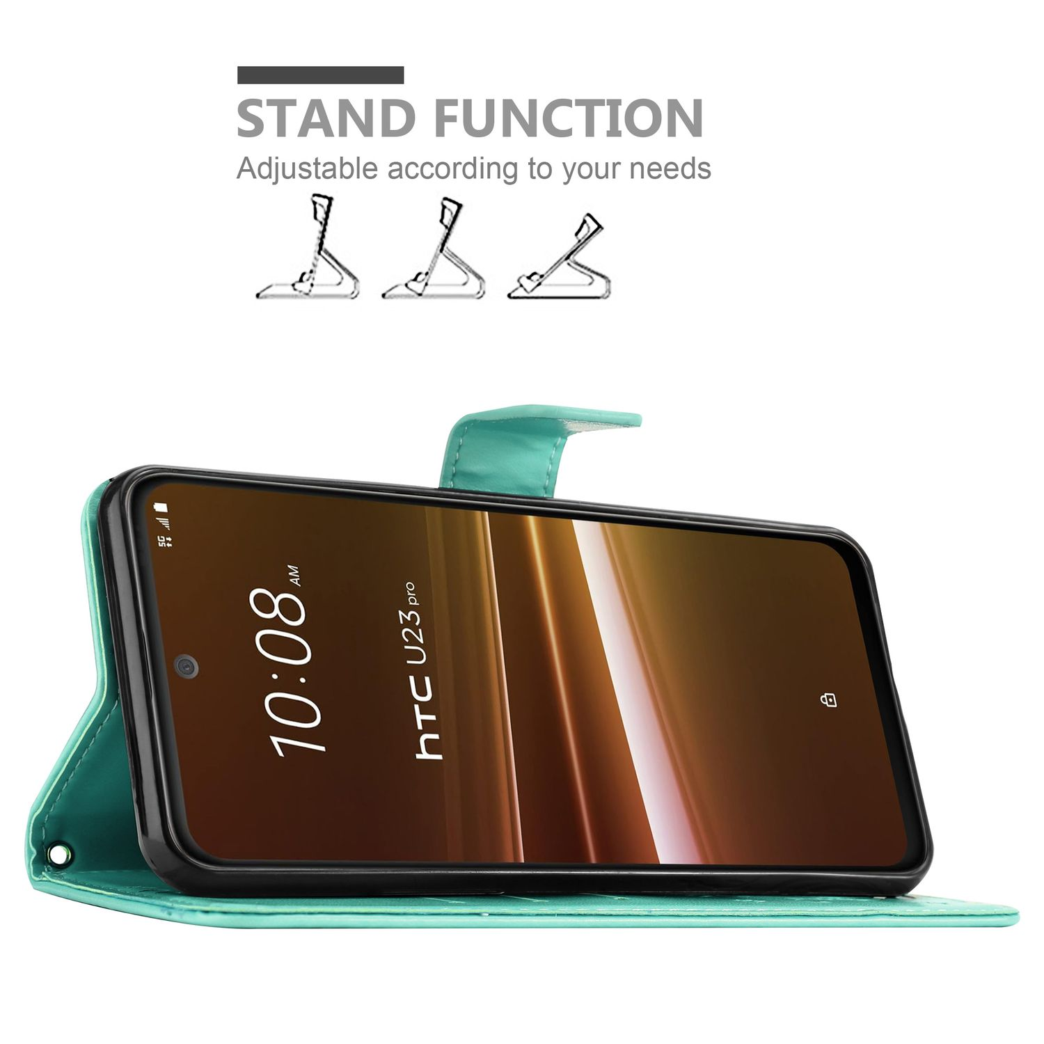 Eine Handyhülle mit einem Telefon im Inneren. Die Hülle ist geöffnet und zeigt ein Telefon im Display. Text 'Standfunktion'.