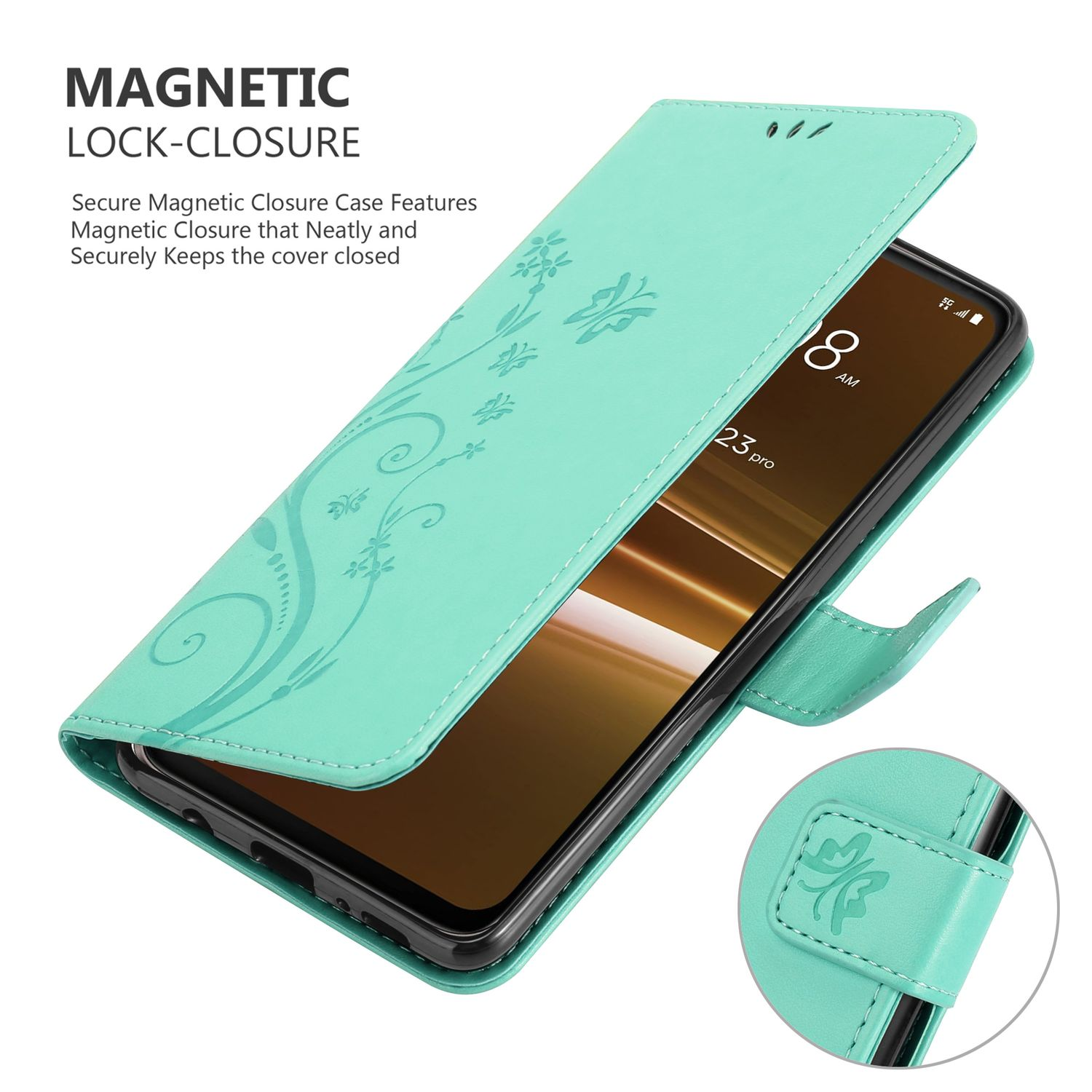 Geöffnete türkisfarbene Handyhülle mit Blumendesign, zeigt einen Telefonbildschirm. Nahaufnahme.