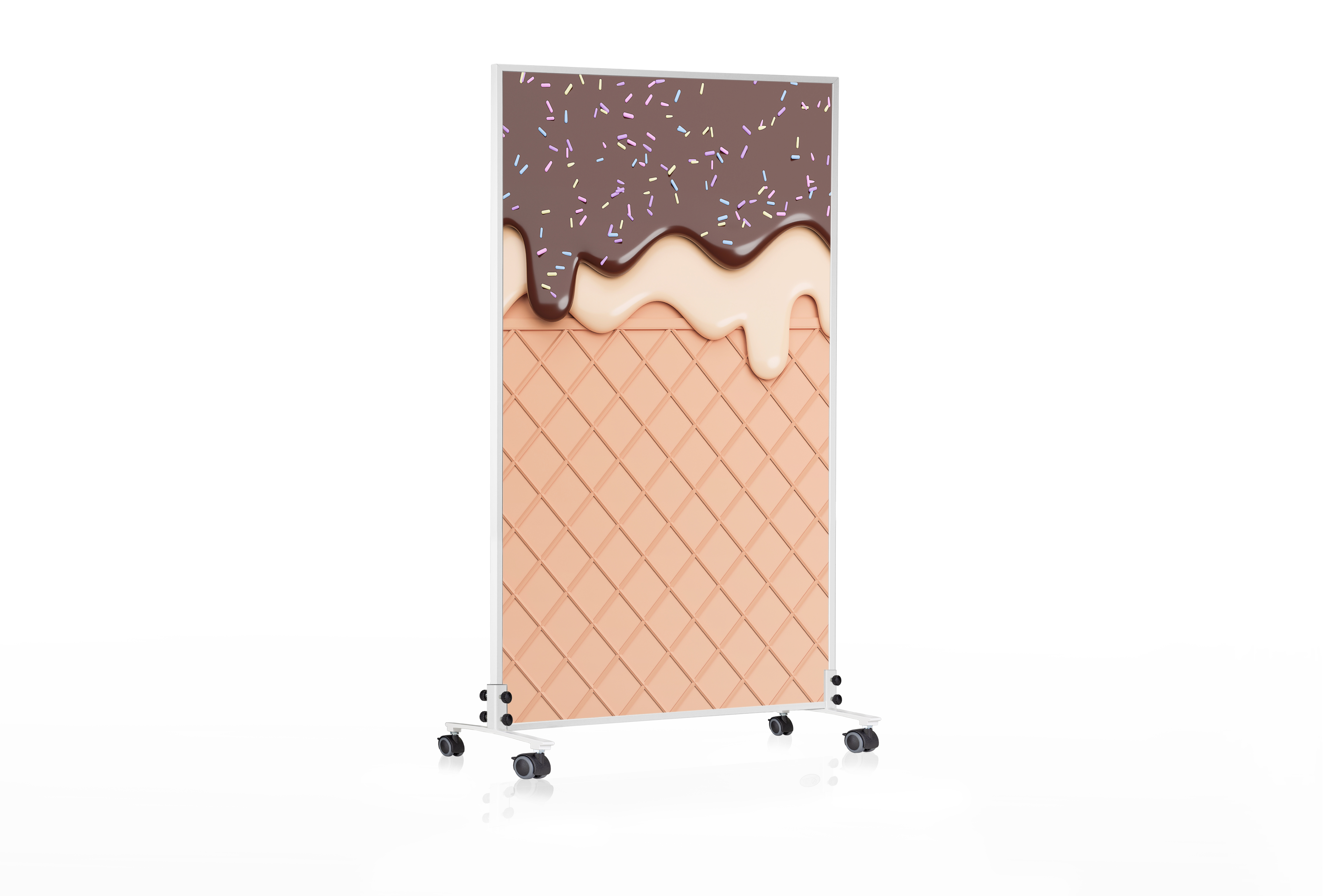 Mobile Trennwand mit Eiscreme-Design, tropfender Schokolade und Waffelmuster.