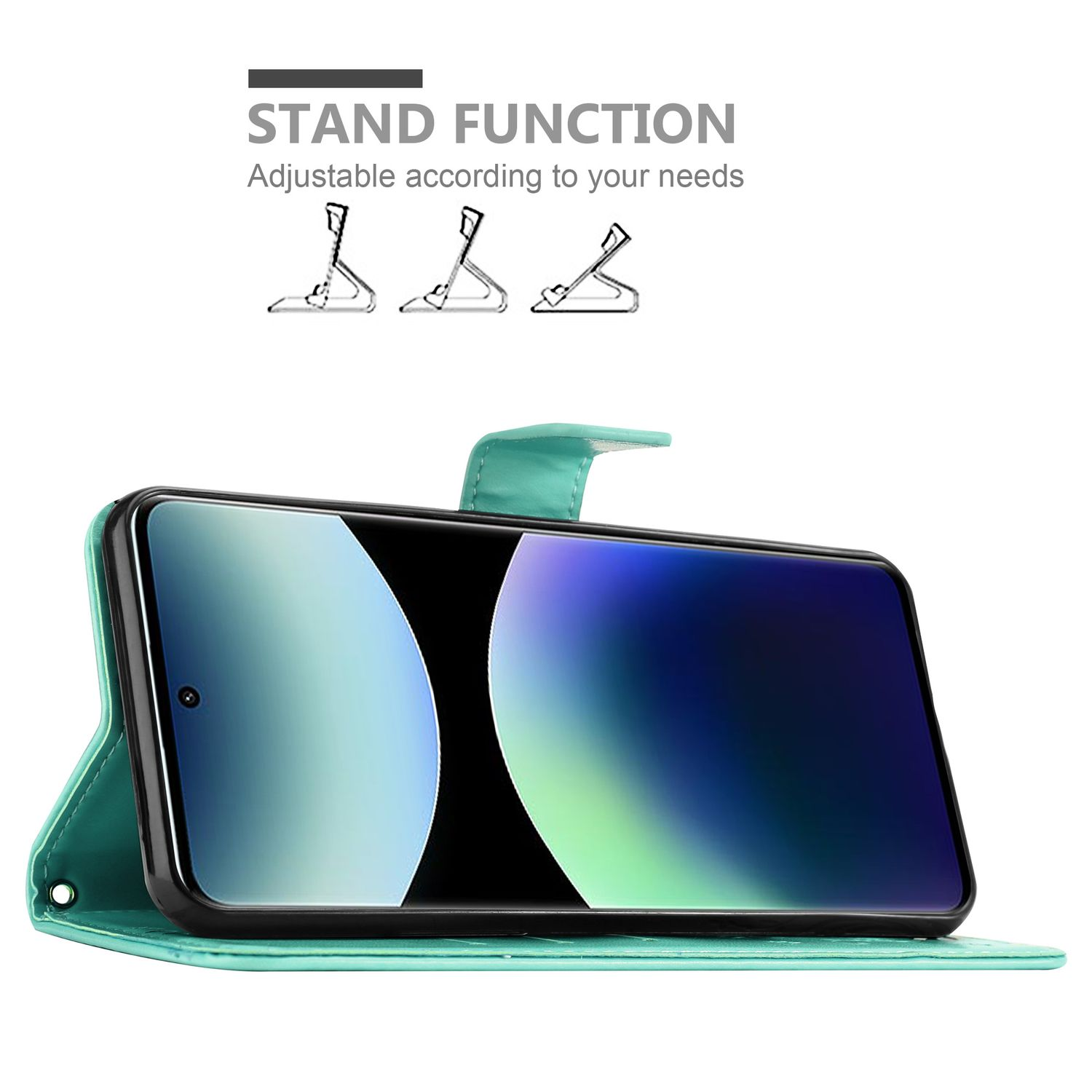 Türkisfarbene Brieftaschen-Handyhülle im Ständermodus. Das Telefon befindet sich in der Hülle. Drei Ständerpositionen sind abgebildet.