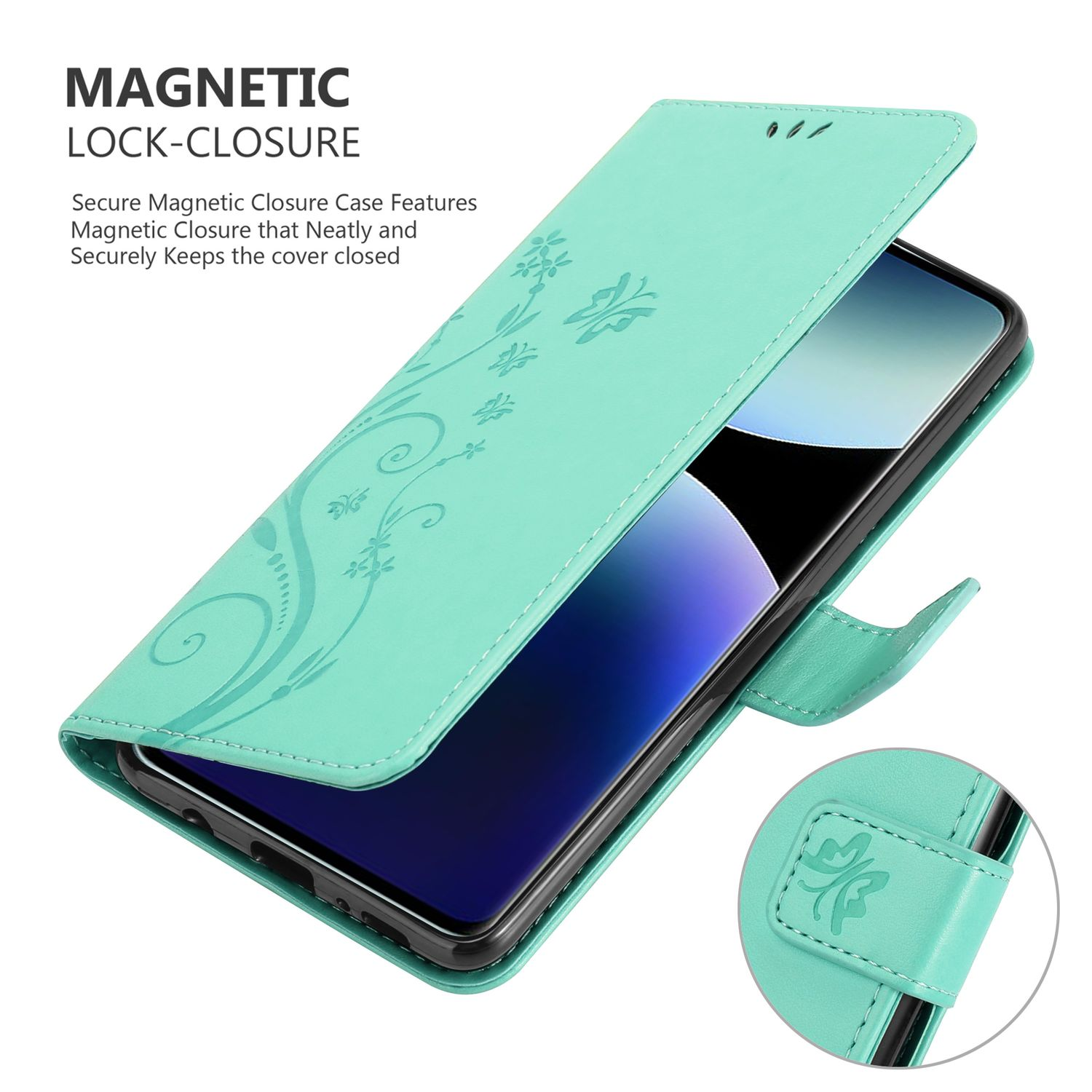 Geöffnete türkisfarbene Handyhülle mit Magnetverschluss, Telefon innen, Schmetterling.