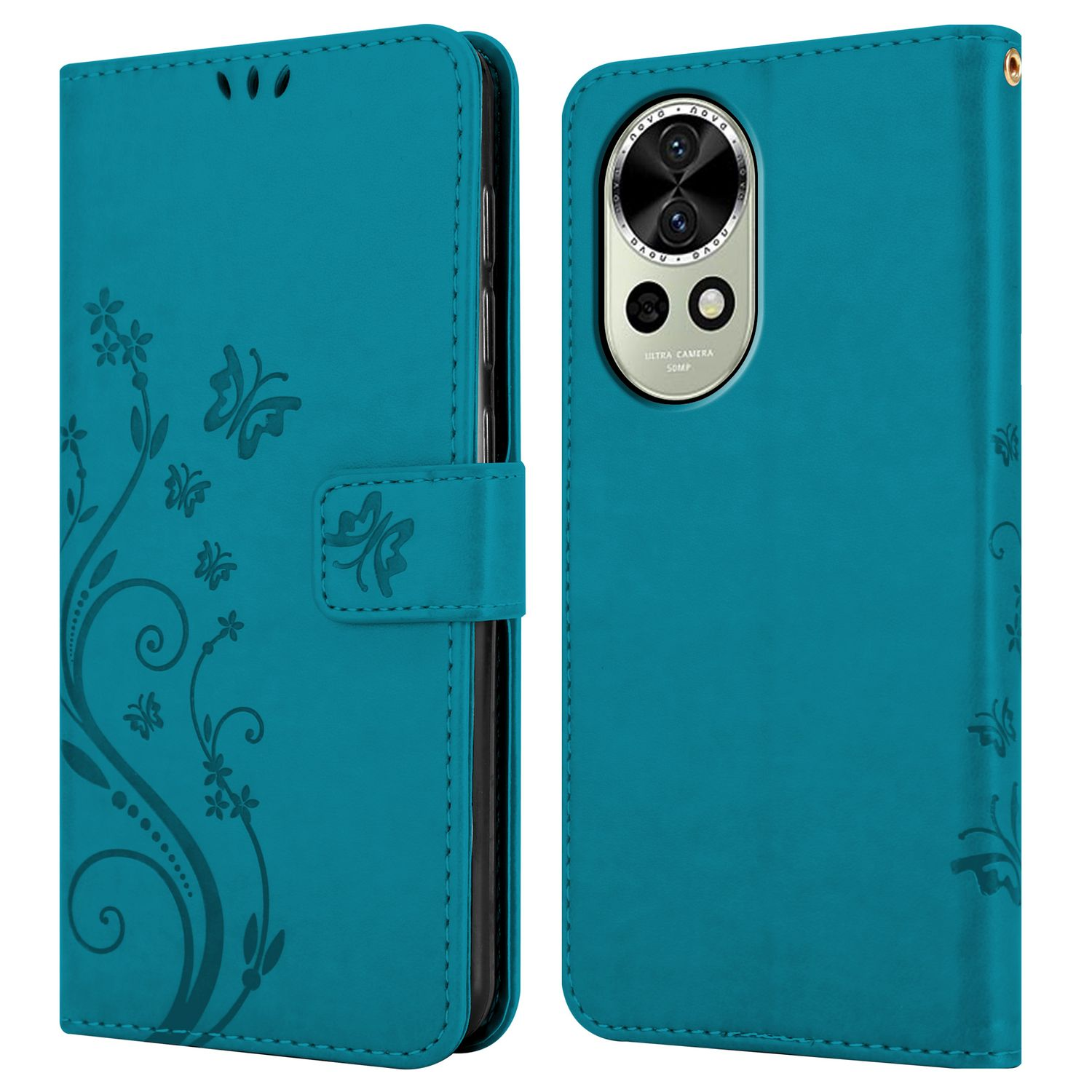 Türkisfarbene Handyhülle geöffnet, zeigt ein Telefon und ein Blumen-Schmetterlings-Design. Zwei Seiten sind sichtbar.