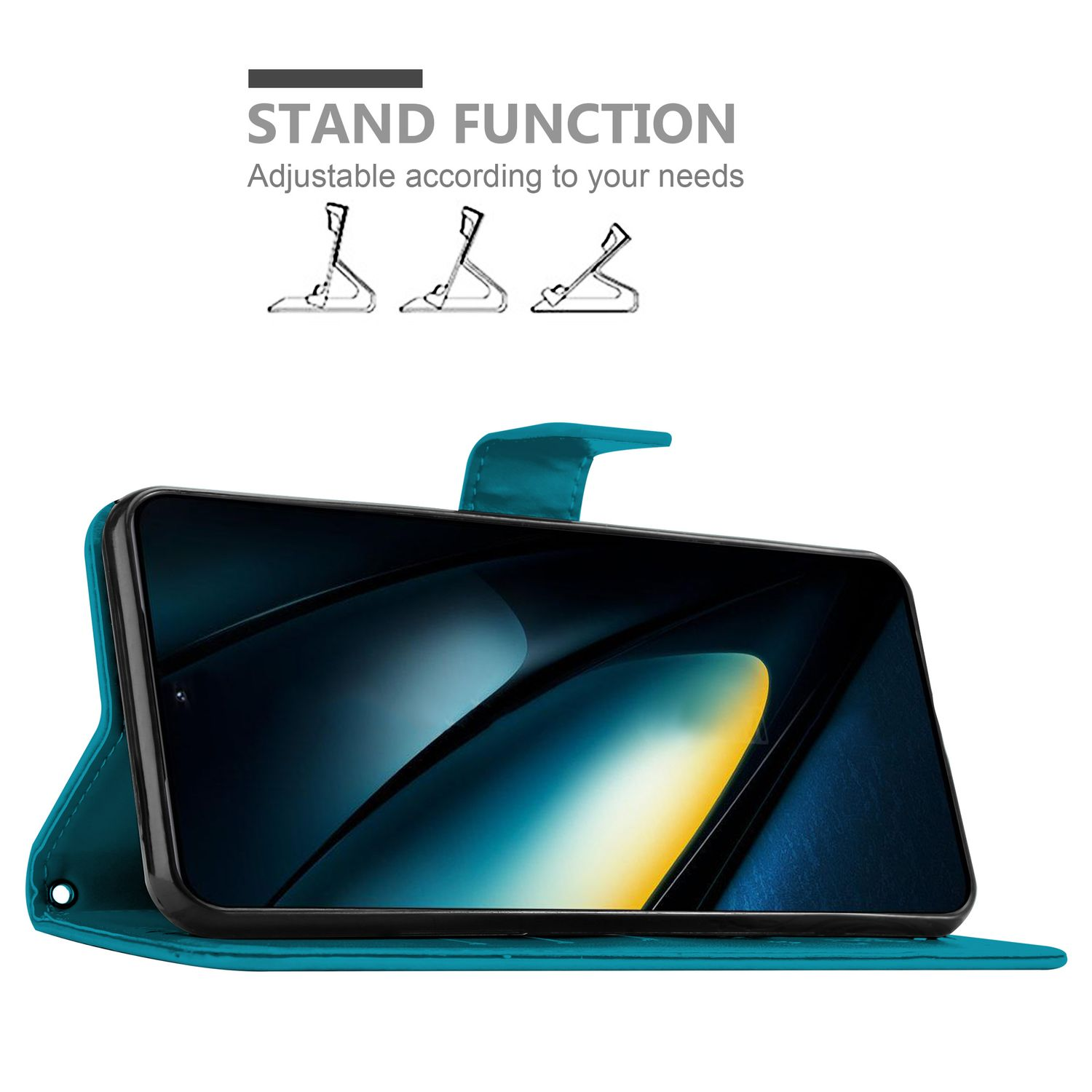 Telefon in teal Hülle, in Standfunktion. Standfunktion mit verschiedenen Positionen.