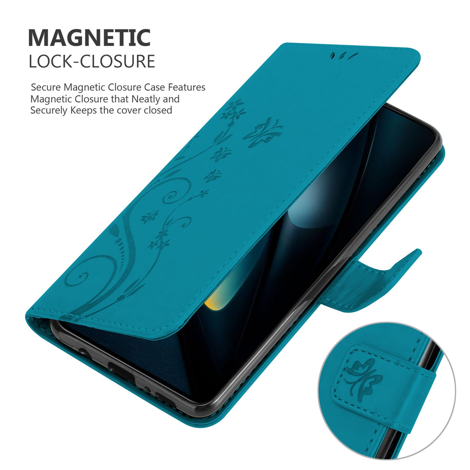 Eine türkisgrüne Handyhülle geöffnet, zeigt das Telefon. Merkmale sind Magnetverschluss und Blumendesign.