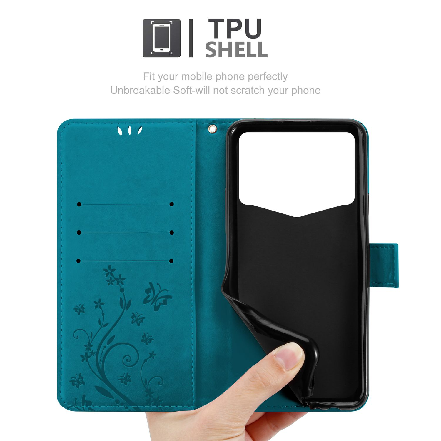 Türkisfarbene Handyhülle mit Blumendesign, offen, das Telefon zeigend. Text sagt TPU-Schale.