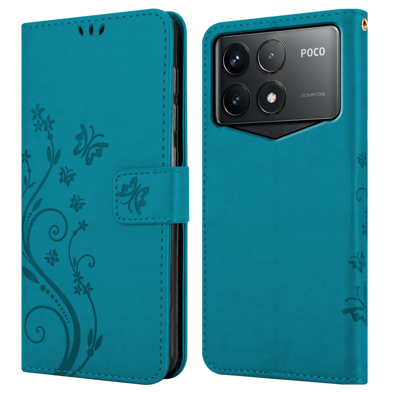 Eine türkisfarbene Handyhülle mit floralem Design und der Kameraanordnung des Telefons auf der Rückseite.