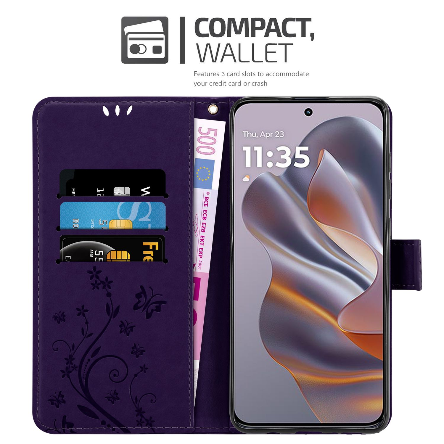 Lila Handy-Geldbörse mit Telefon und Kreditkarten. Mit Blumendesign und 500-Euro-Schein.