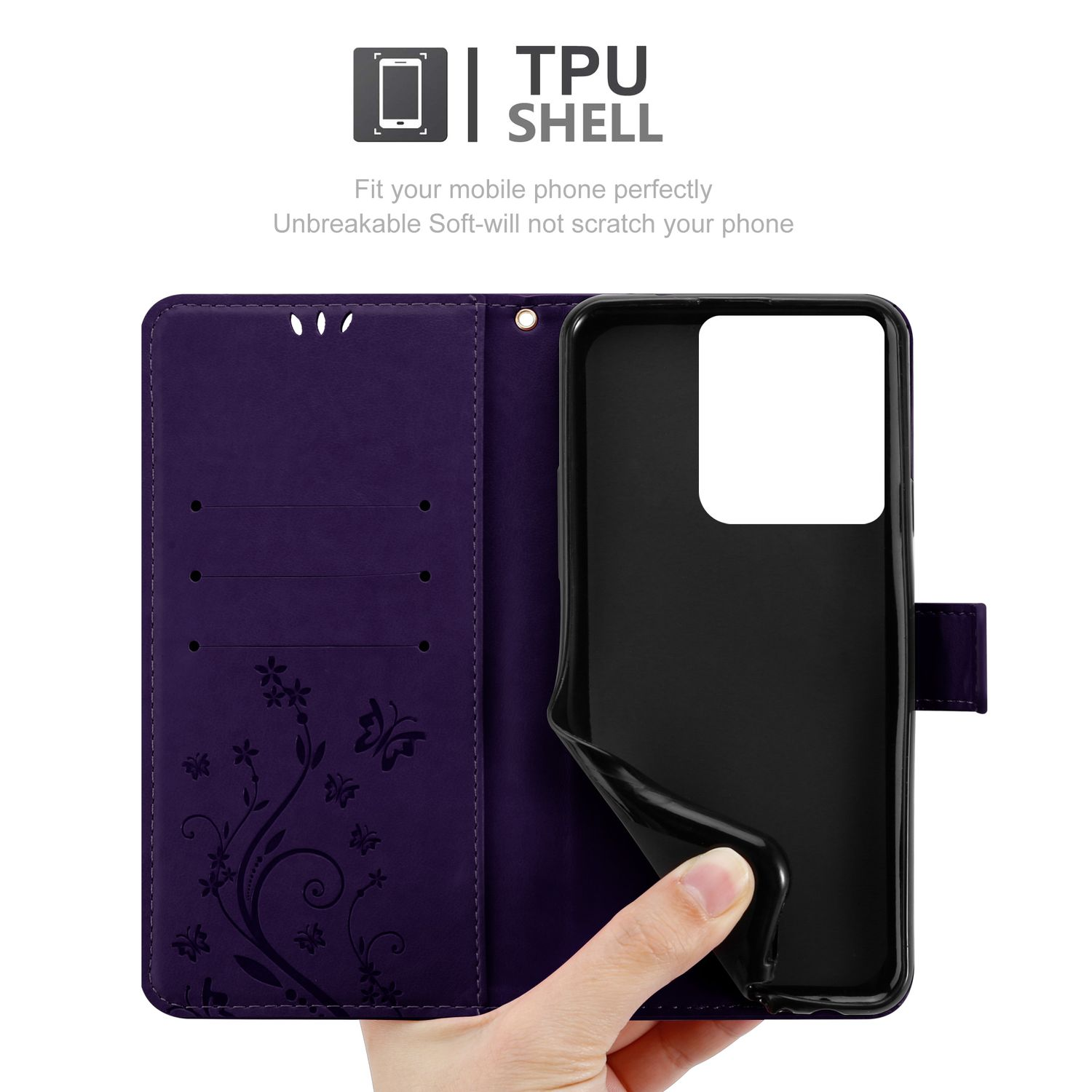 Lila Handyhülle mit Blumen- und Schmetterlingsdesign. Eine Hand hält das Telefon innen.