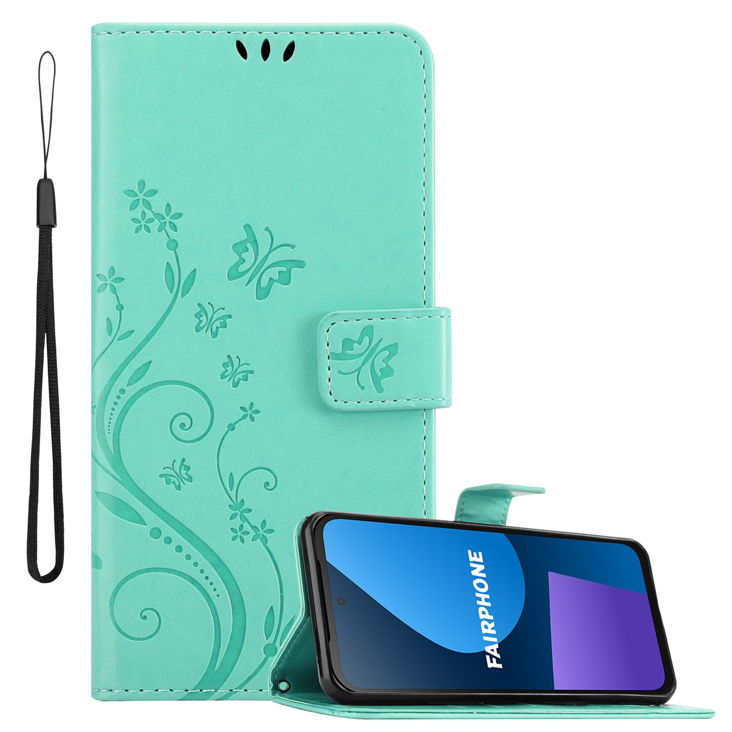 Türkisfarbenes Handycase mit Schmetterlingsdesign und Handy mit FAIRPHONE-Logo.