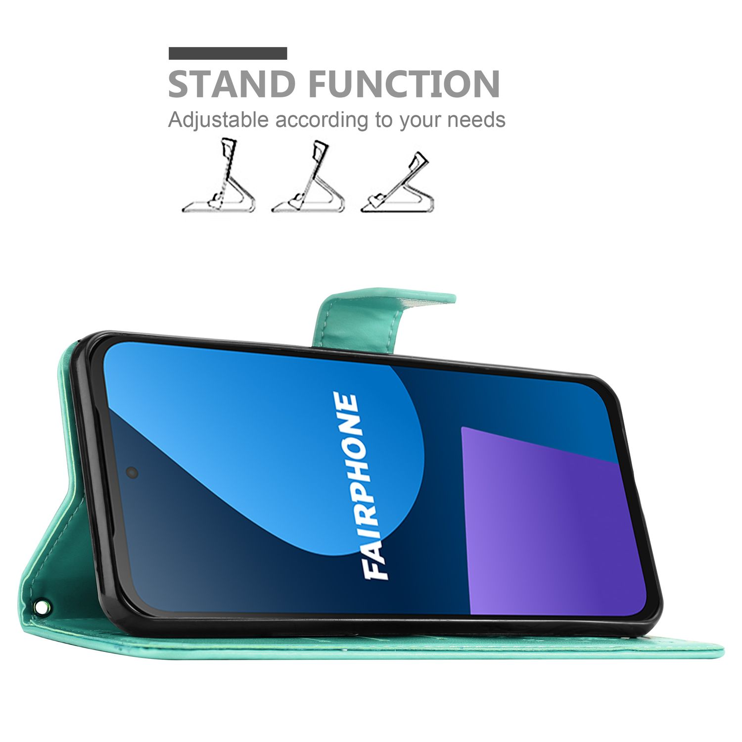 Türkisfarbene Handyhülle mit Telefon, das das Fairphone-Logo zeigt. Stützfunktion ist sichtbar.